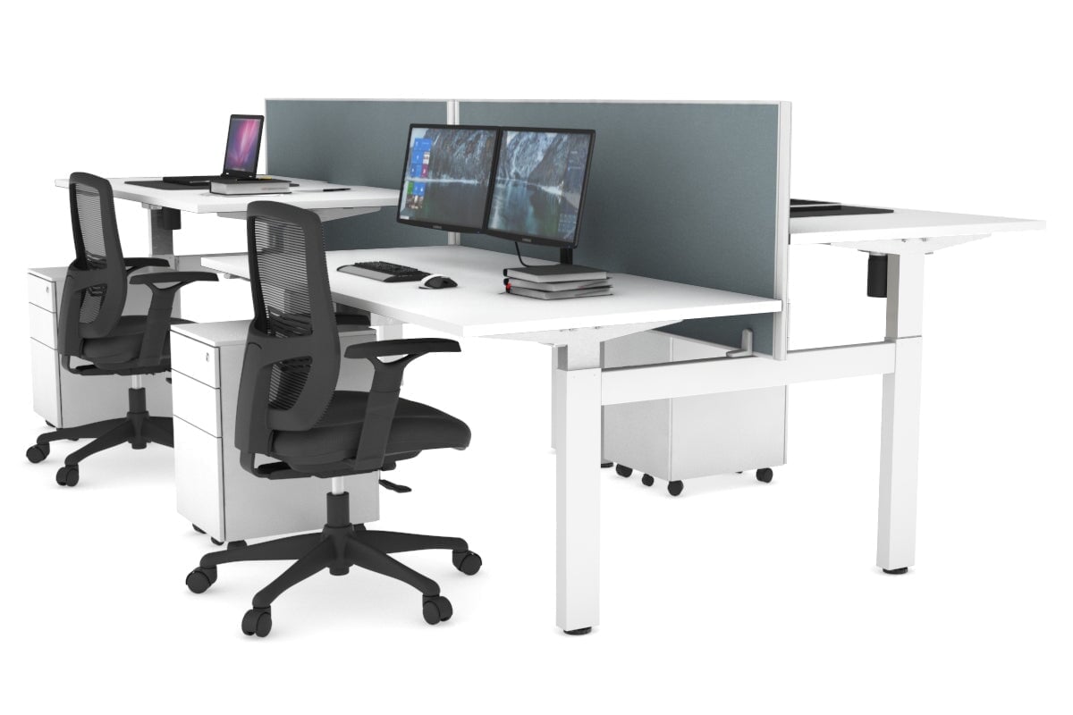 Adjustable 4-Person H Bench Workstation - White Frame (1400L x 800W) | Ergonomic Office Desk for Team Collaboration & Workspace Efficiency