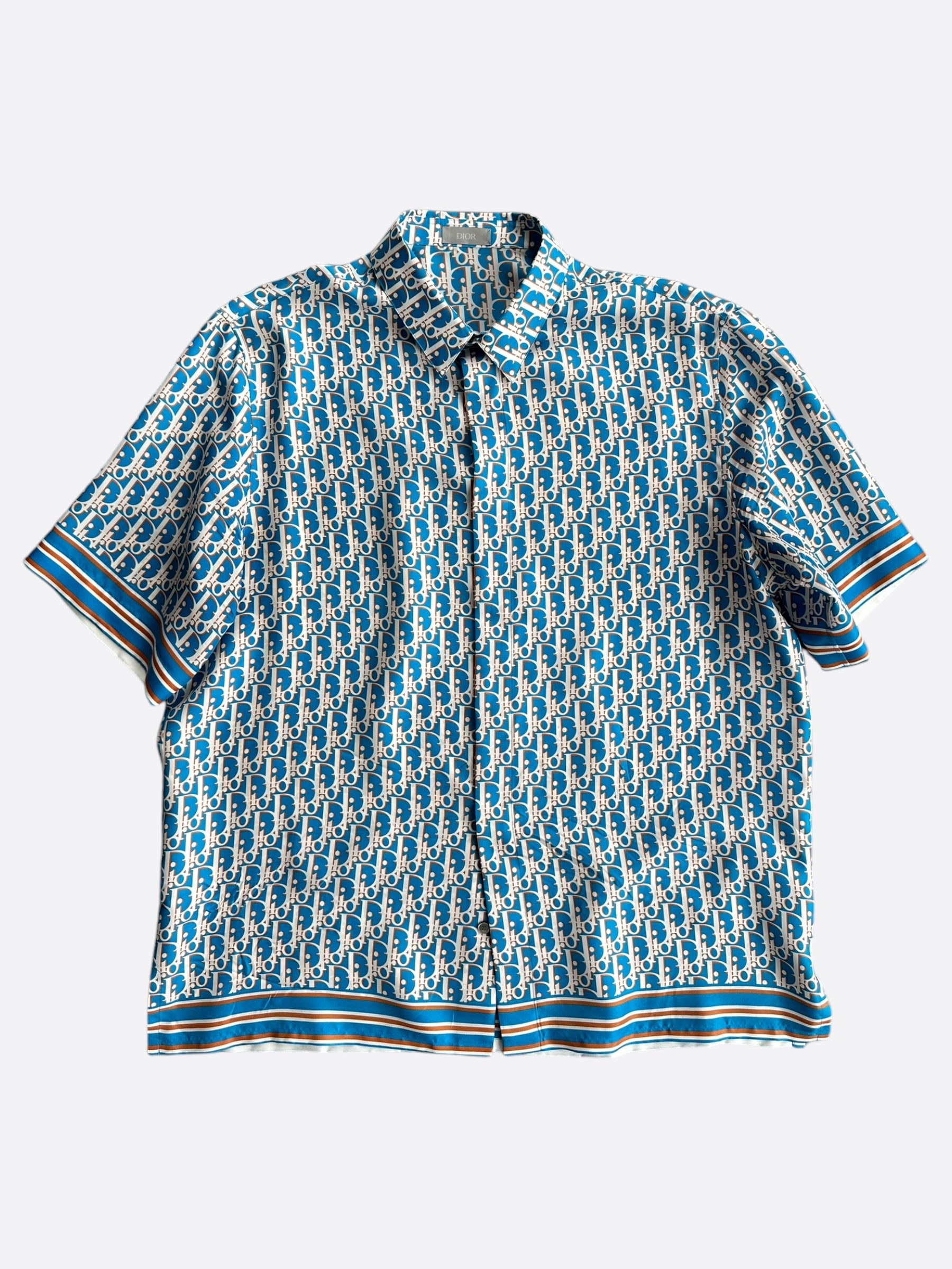Dior Blue & White Oblique Silk Button Up Shirt for Men - Luxury Designer Dress Shirt for Business, Party & Formal Occasions