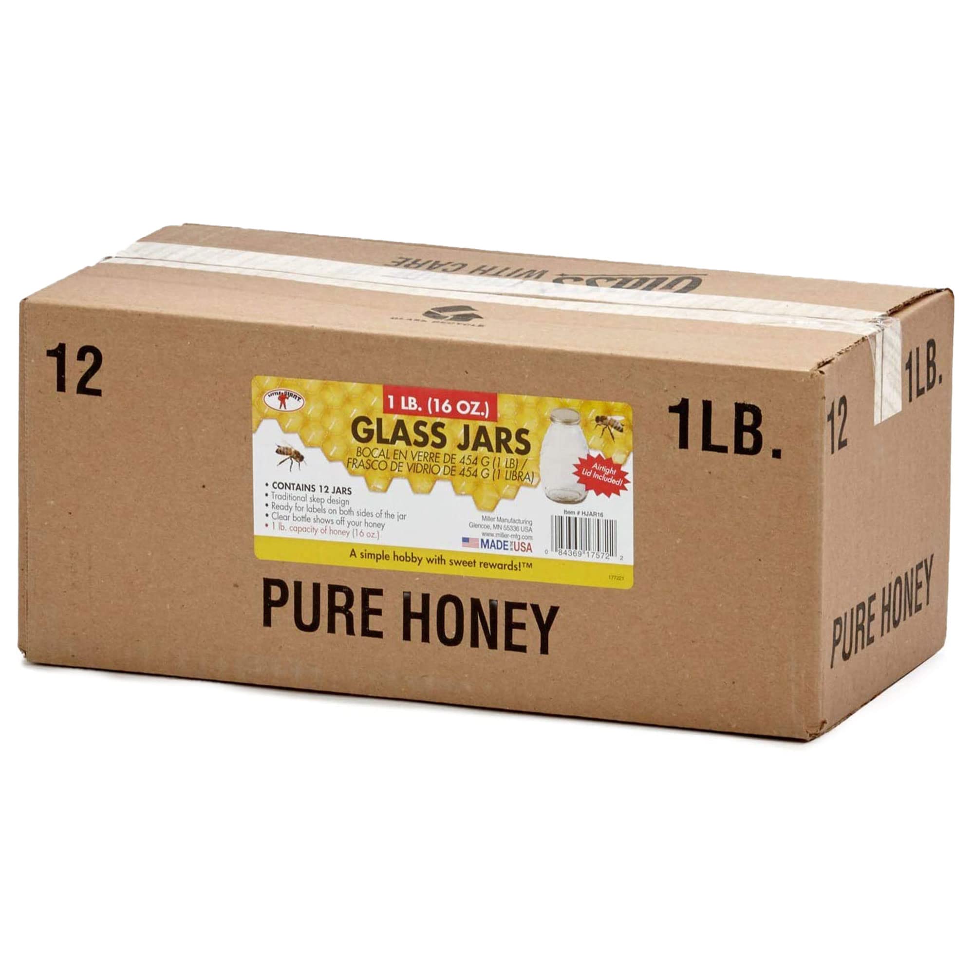 Little Giant 16oz Beekeeping Honey Jar - Traditional Skep Design Glass Storage Container with Airtight Lid & Label Space (48-Pack) - Perfect for Home Beekeepers, Farmers Markets & DIY Honey Gifts