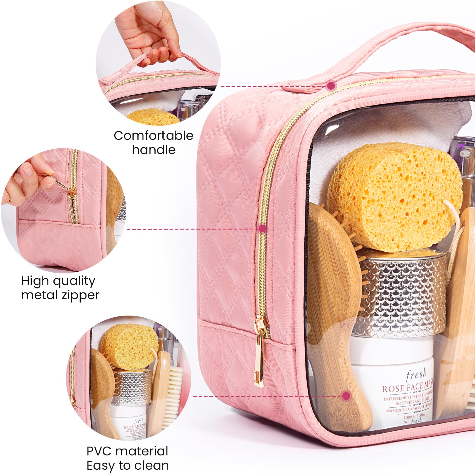 FUNSEED Large Travel Toiletry Bag Set - 3 Pack Clear Makeup Bags with Handles, Waterproof PVC Cosmetic Organizer for Women & Men (Pink) | Perfect for Air Travel, Gym, Beach & Daily Essentials Storage