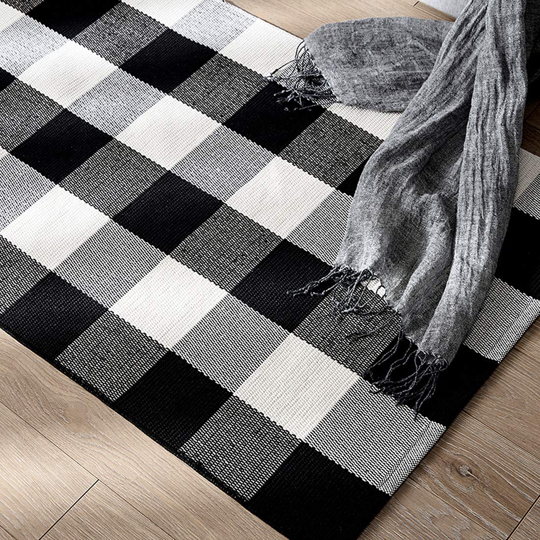 LEVINIS Washable Cotton Rugs - Large 90''x67'' Black and White Plaid Area Rug for Living Room, Bedroom, Dorm | Soft, Non-Slip, Easy to Clean | Perfect for Home Decor, Office, and High-Traffic Areas