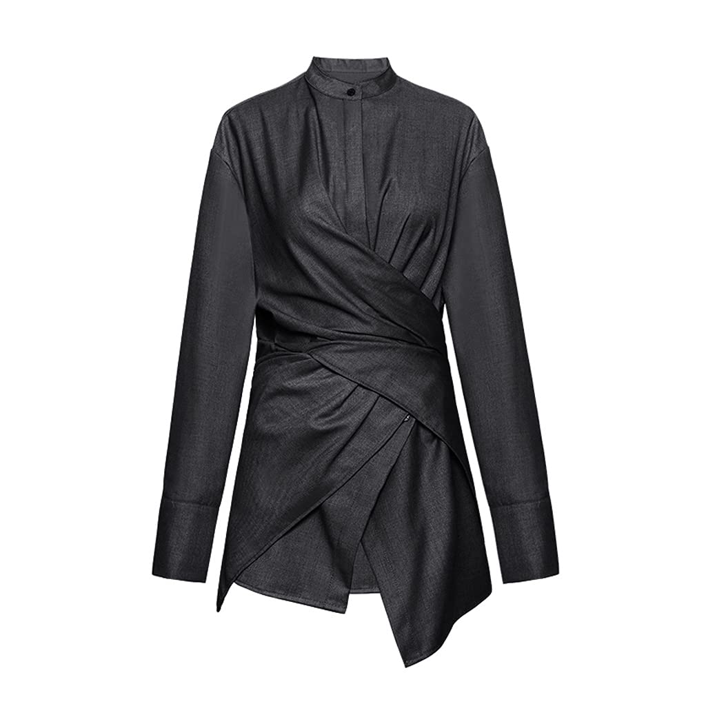 YCZDG Women's Oversized Stand Collar Long Sleeve Blouse - Loose Fit Casual Shirt in Gray & Black (XL) for Spring/Autumn | Perfect for Office, Dating & Weekend Outings