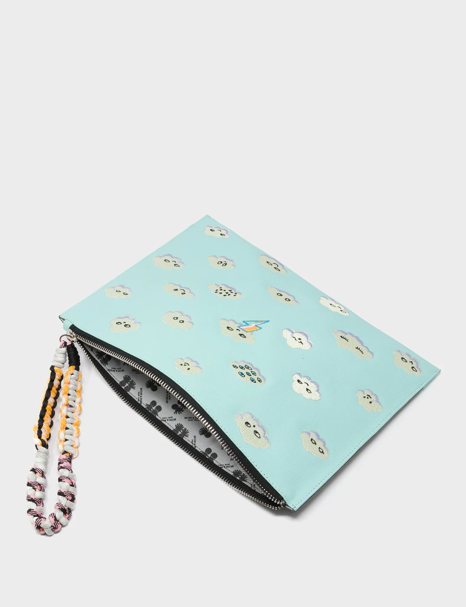 Fidelio Water Ballet Blue Leather Pouch with Happy Clouds Embroidery - Elegant Travel Organizer & Cosmetic Case for Women