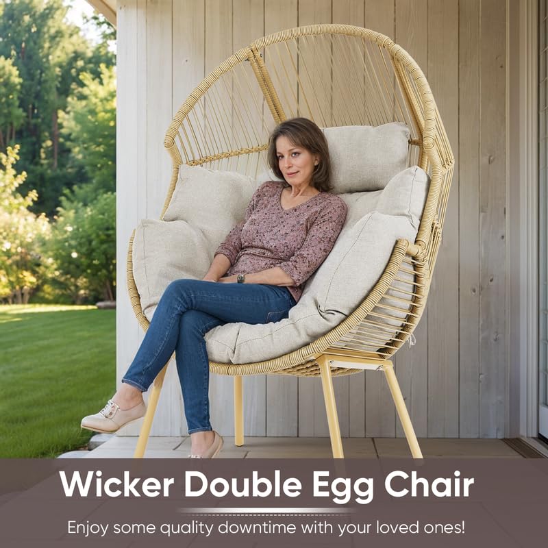 Outdoor Wicker Egg Chair - 300 lbs Weight Capacity Hanging Patio Swing Chair with Waterproof Cushion for Porch, Balcony, Sunroom & Backyard - Yellow Rattan with Beige Cushion - Perfect for Relaxing, Reading & Sunbathing