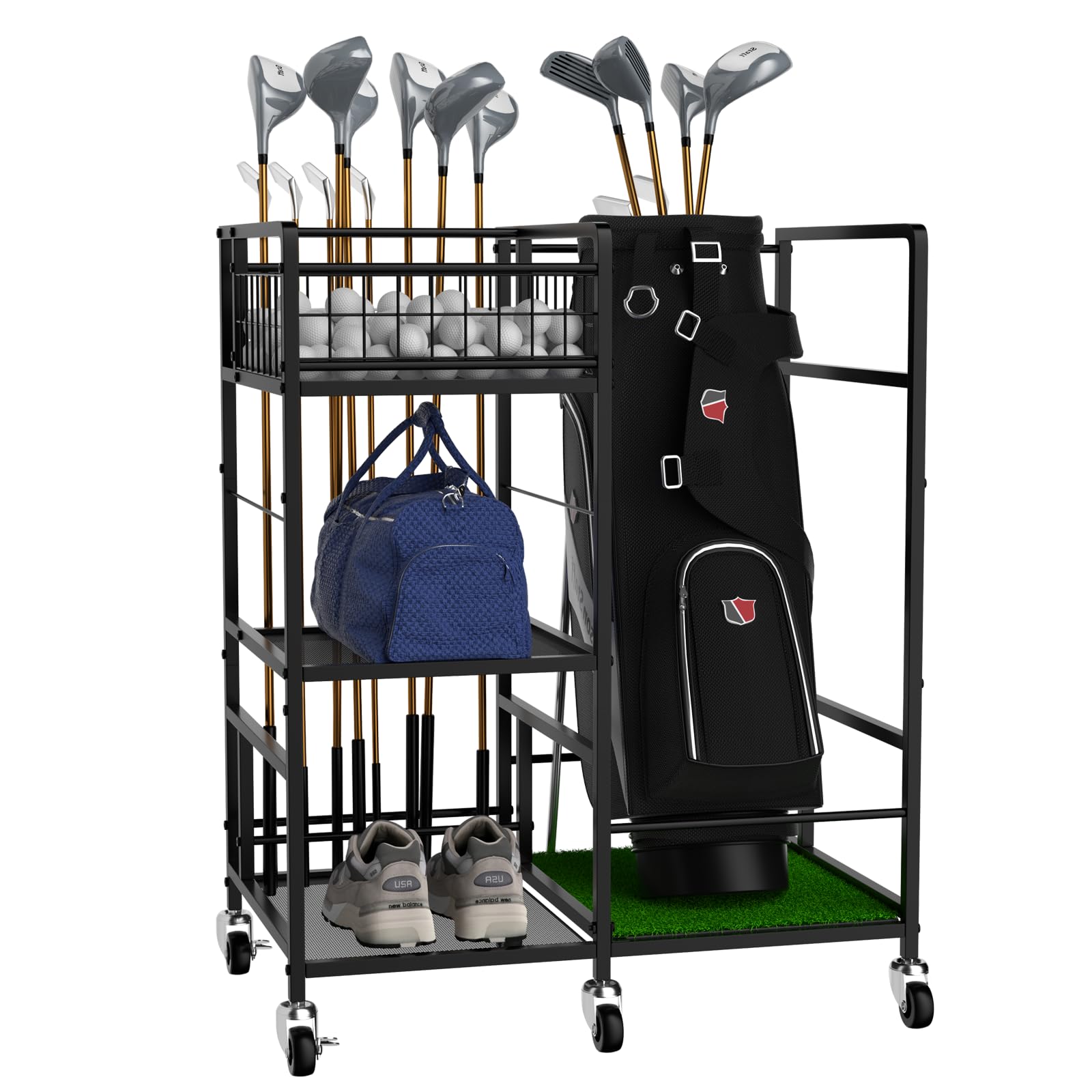 Premium Golf Bag Organizer - Heavy Duty Metal Golf Club Holder with Side Storage Pockets | Freestanding Golf Stand for Clubs & Accessories | Perfect for Home, Garage & Golf Course Organization
