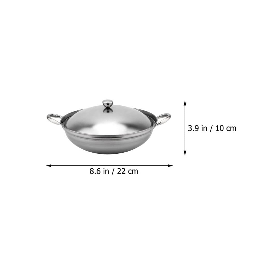 Hemoton 22cm Stainless Steel Chinese Wok Pan with Lid - Double Handle Stir Fry Skillet for Home Cooking, Outdoor Picnic & Camping - Durable Kitchen Cookware for Asian Cuisine, Stir Frying & Deep Frying