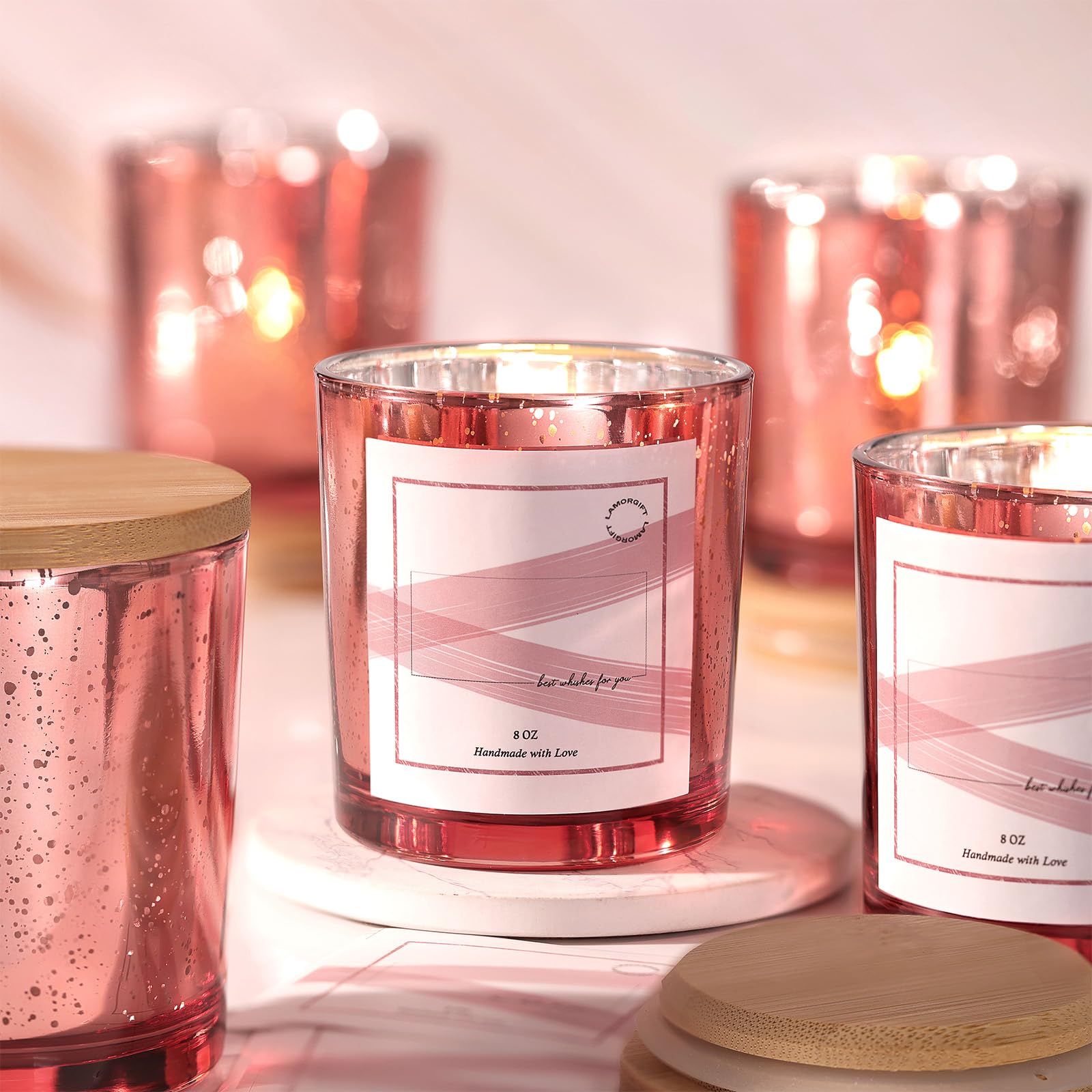15 Pack 8oz Rose Gold Empty Candle Jars with Lids - Mercury Glass Containers for DIY Candle Making - Includes 20 Candle Labels - Perfect for Home Decor, Wedding Favors & Gift Packaging