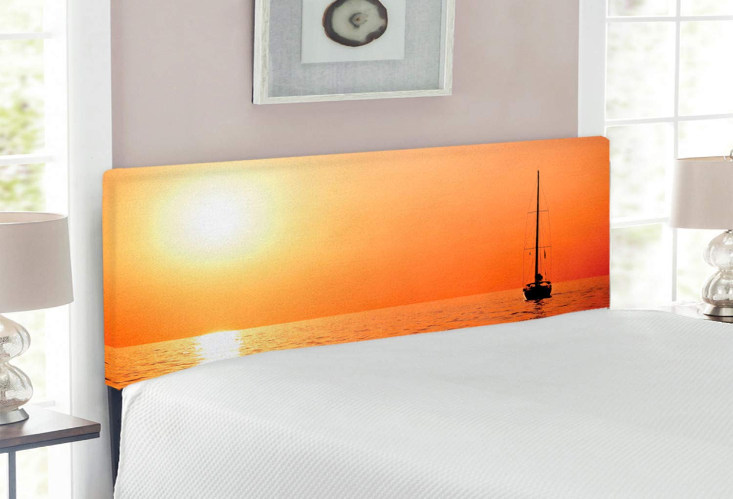 Ambesonne Sailboat Upholstered Headboard - Full Size Metal Bed Headboard with Memory Foam, Sunset Yacht Sailing Competition Design in Orange & Yellow | Perfect for Nautical Themed Bedrooms, Beach House Decor & Marine Enthusiasts