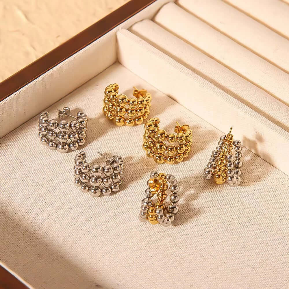Chunky Fat C Hoop Two Tone Beaded Earrings for Women | Gold and Silver Statement Jewelry | Perfect for Parties, Weddings & Everyday Wear | F965