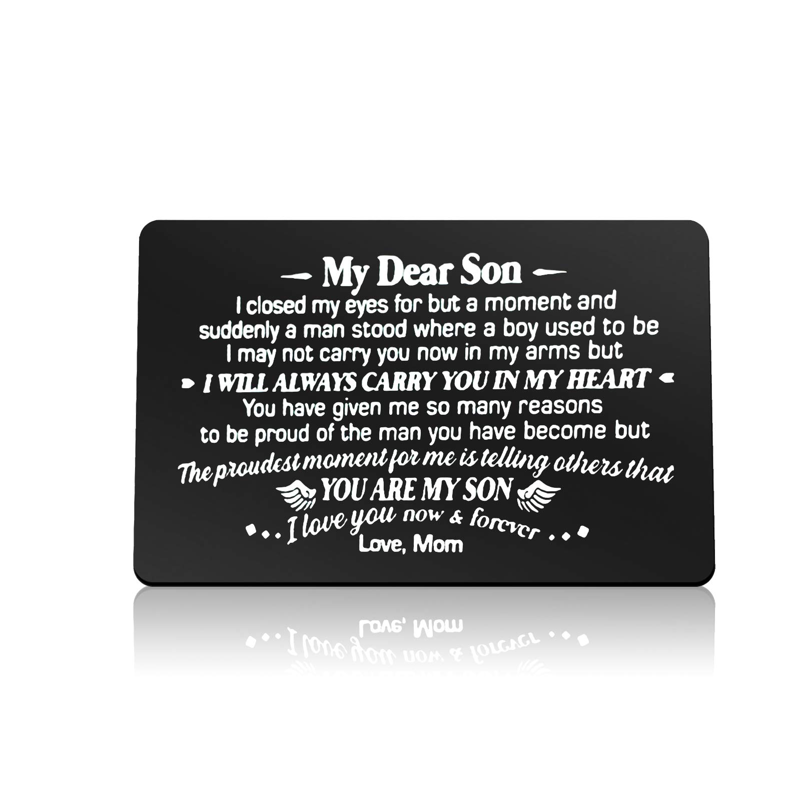 Personalized Engraved Wallet Card for Son - Inspirational Gift from Mom for Christmas, Birthday, Graduation, Wedding & Encouragement - Perfect Keepsake for Special Occasions