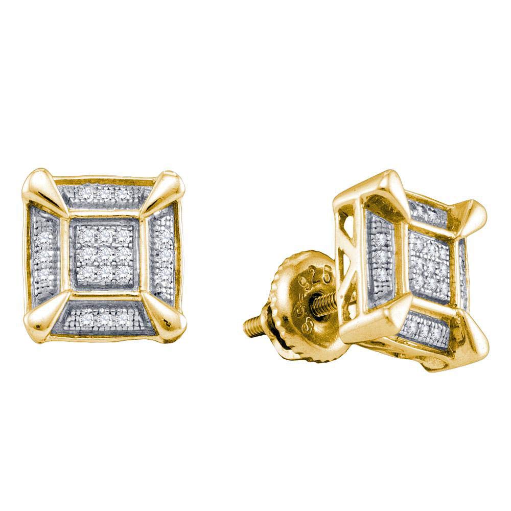 Yellow-Tone Sterling Silver Men's Round Diamond Square Cluster Stud Earrings - 1/8 Cttw - Perfect for Gifts, Weddings & Special Occasions
