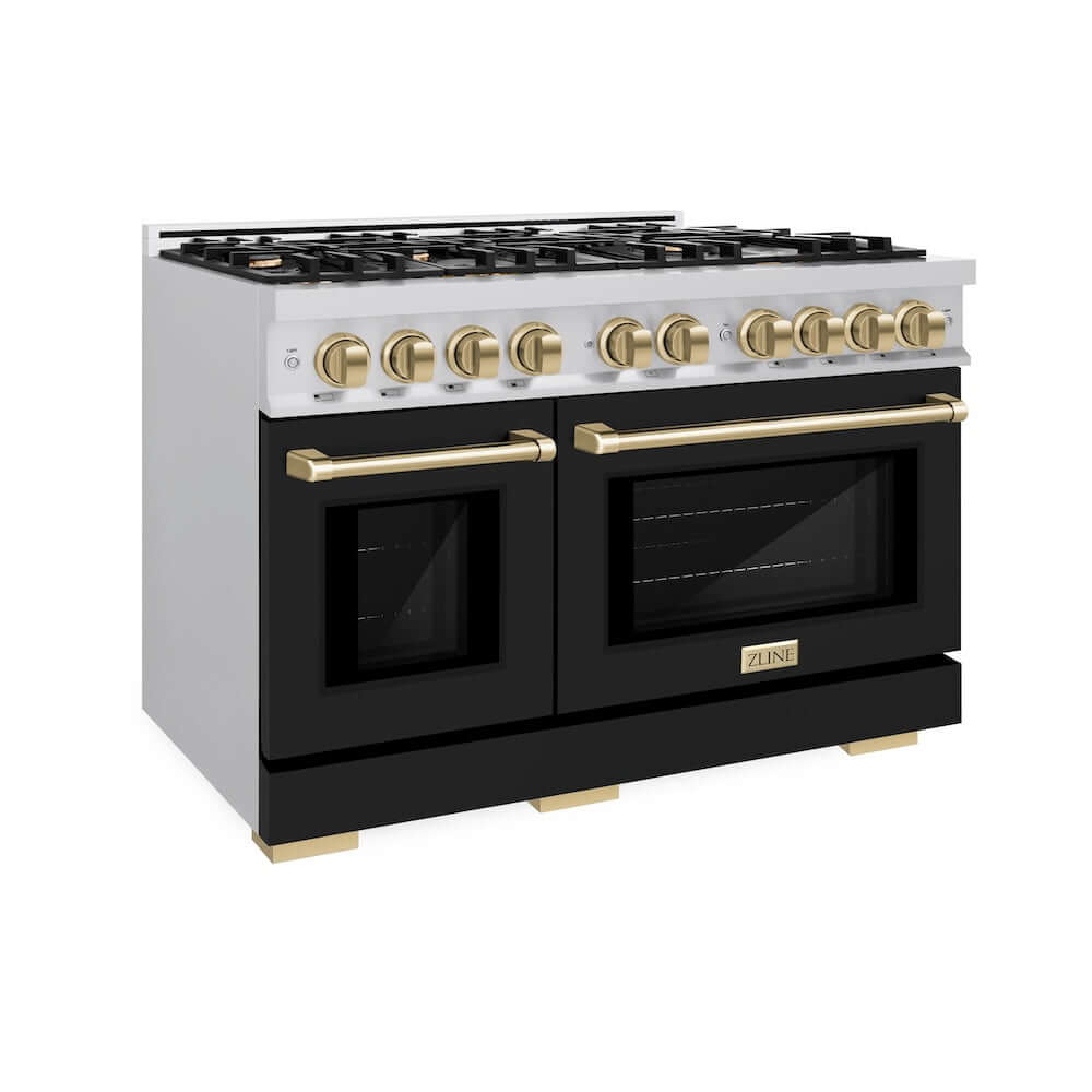 ZLINE Autograph Edition 48-Inch 6.7 cu. ft. Professional Double Oven Gas Range with 8 Burner Cooktop - Stainless Steel with Black Matte Doors & Champagne Bronze Accents (HGRZ BLM 48 CB) - Perfect for Large Kitchens, Home Chefs & Entertaining