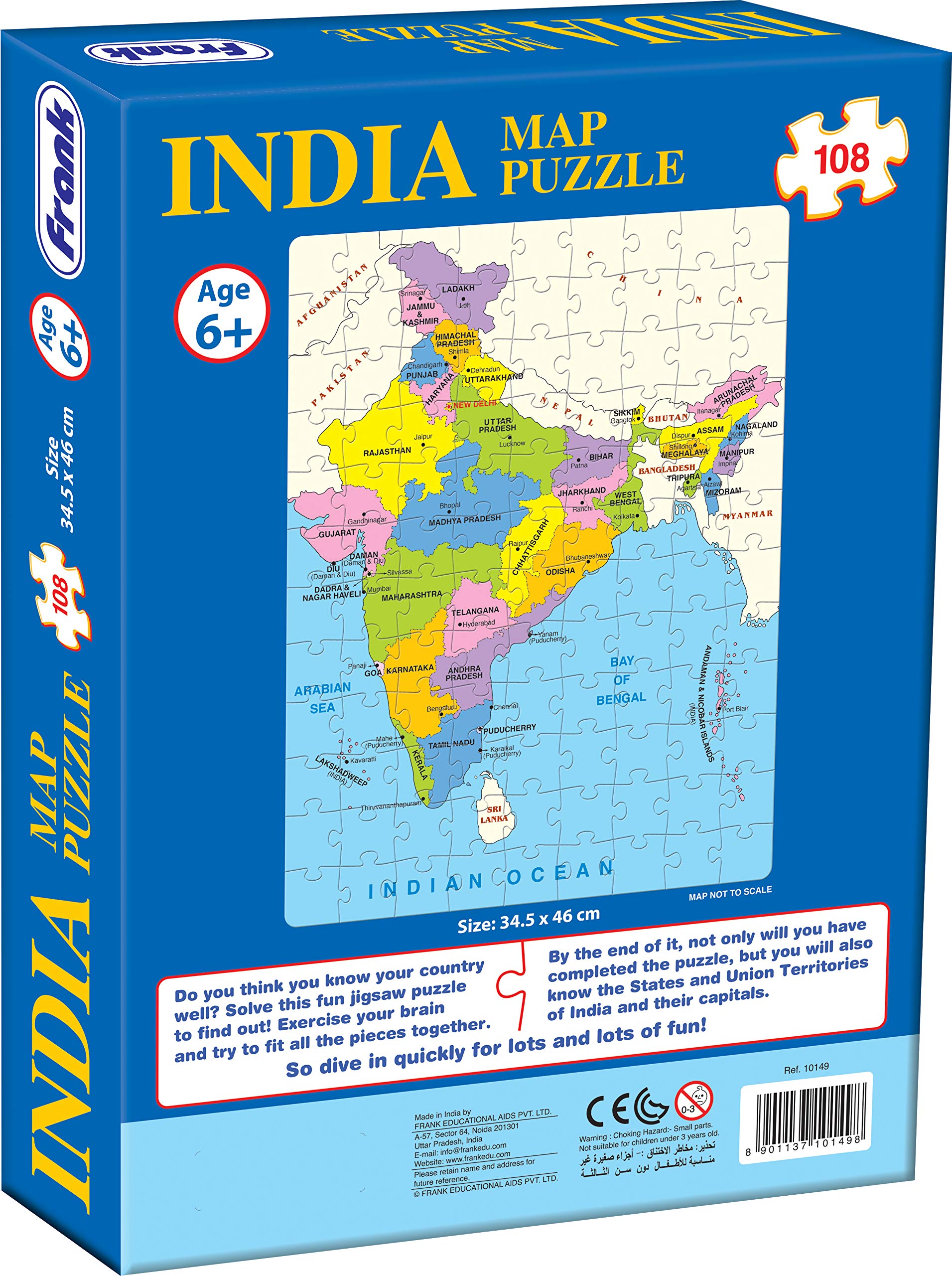 Frank India Map Puzzle for Kids Ages 6+ | 108-Piece Educational Geography Toy with States, Capitals & Union Territories | Brain Booster Memory Game | Perfect Gift for Classroom & Homeschool Learning