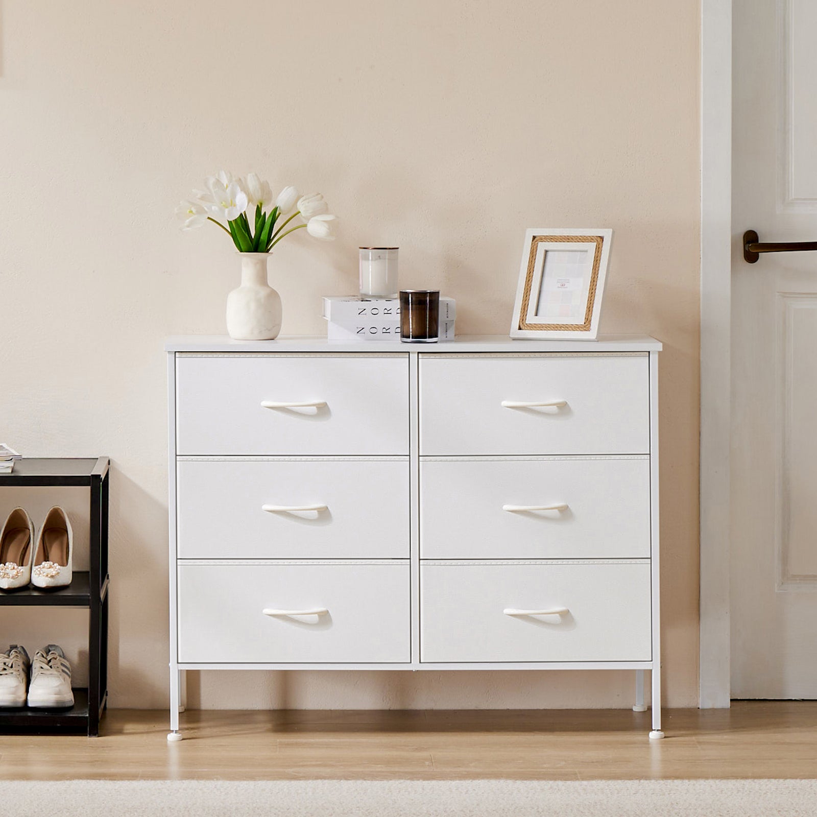 6-Drawer Wide Fabric Dresser for Bedroom with Metal Frame & Wooden Top - TV Stand, Clothes Storage Organizer for Master Bedroom, Guest Room & Dormitory