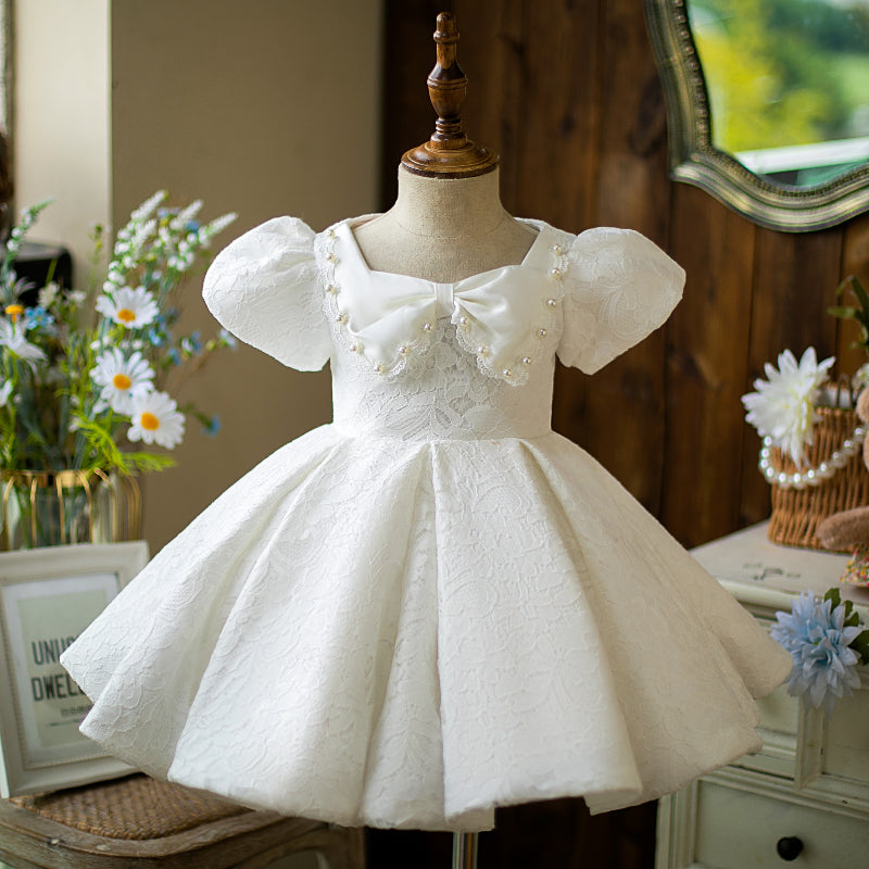 Elegant White Lace Princess Dress with Square Neck & Puff Sleeves - Perfect for Birthday Parties, Weddings & Special Occasions