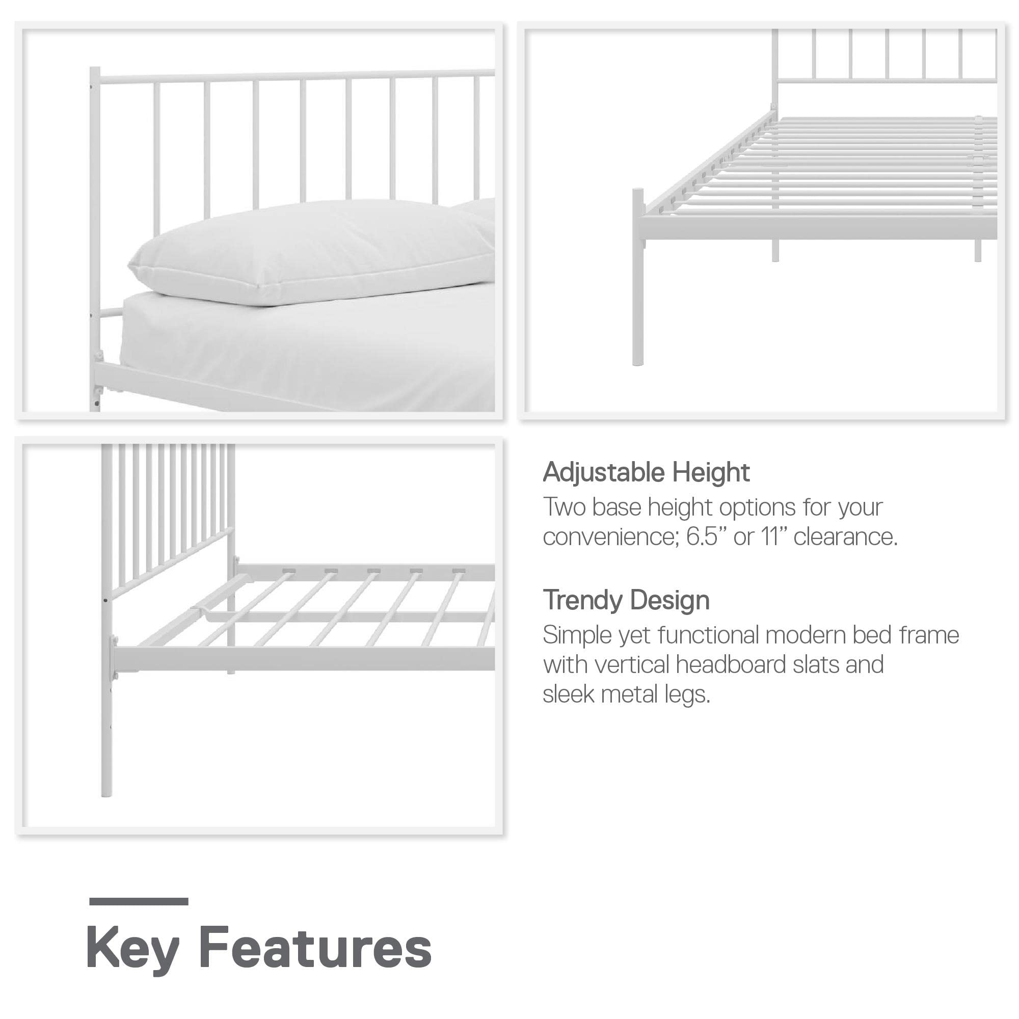 REALROOMS Ares Metal Bed Frame - Queen Size, Adjustable Height, Sturdy White Steel Platform Bed for Bedroom, Guest Room, or Dorm