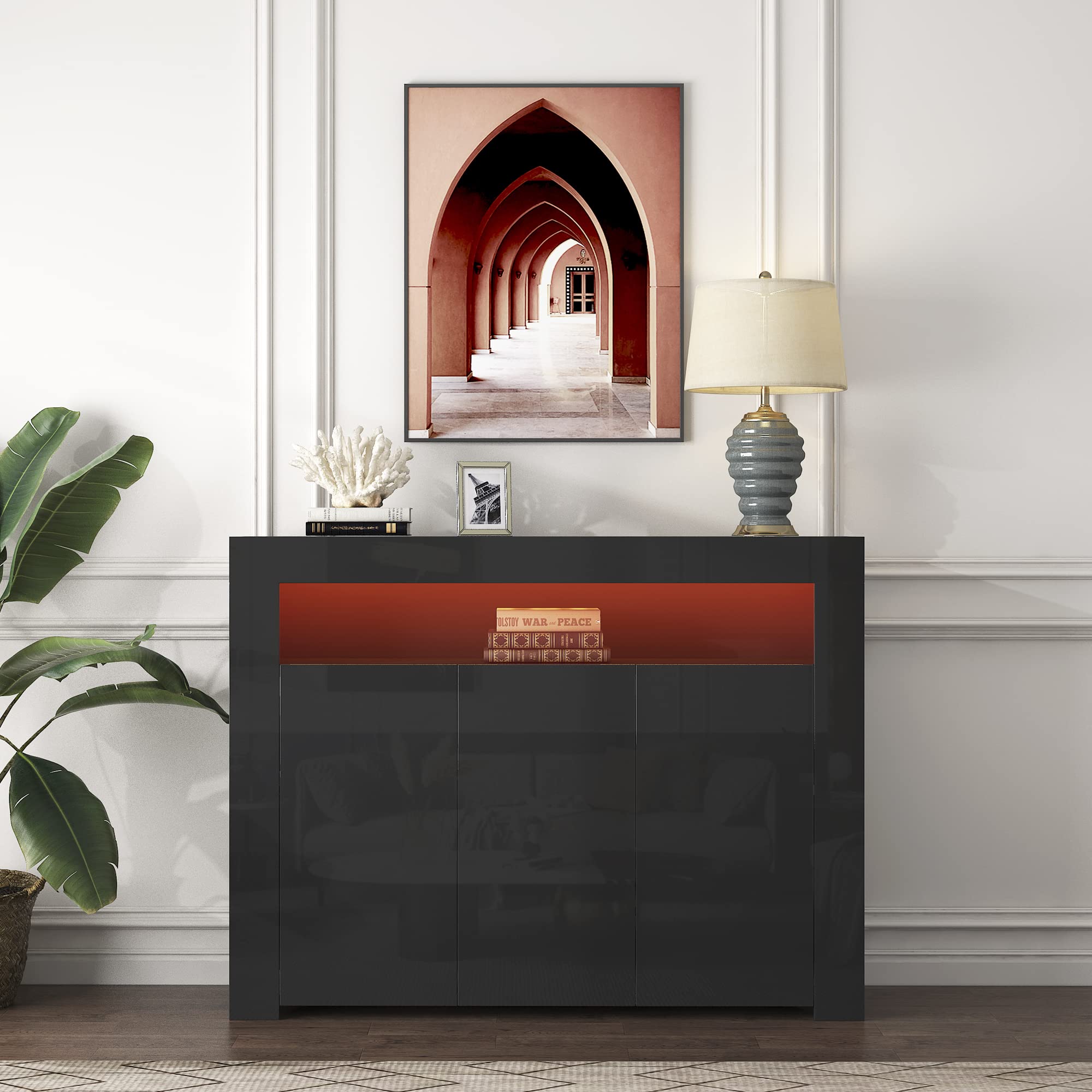 Modern High Gloss Black Sideboard with LED Lights - 3-Door Wooden Storage Cabinet for Living Room, Kitchen & Hallway - TV Stand, Display Cabinet & Home Storage Solution