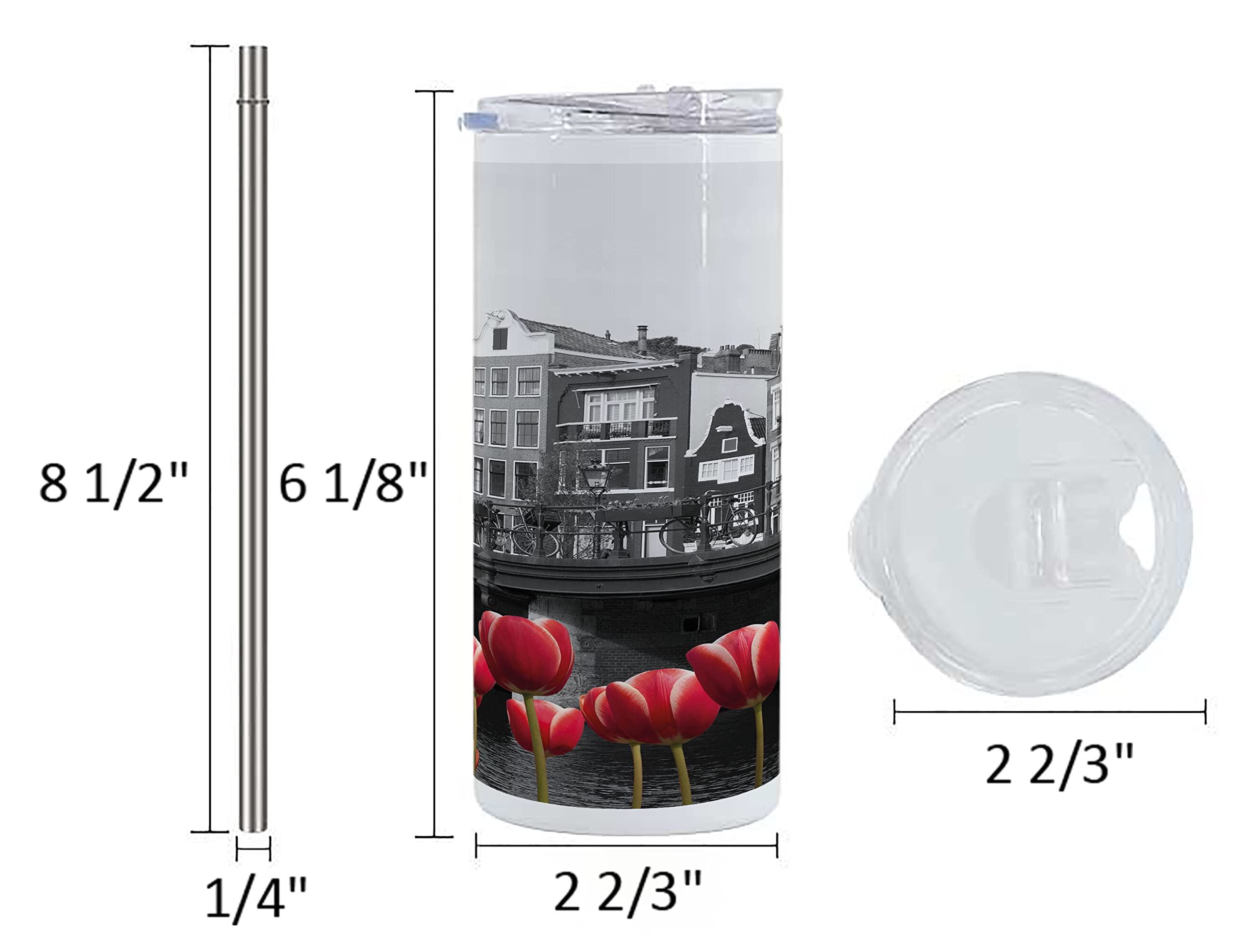 Ambesonne Black and White 12 Oz Skinny Tumbler - Vacuum Insulated Travel Mug with Leakproof Lid, Monochrome Amsterdam Canal Photo with Red Tulips & Houses - Perfect for Coffee, Tea, or Cold Drinks at Work, Travel, Picnics, and Outdoor Adventures