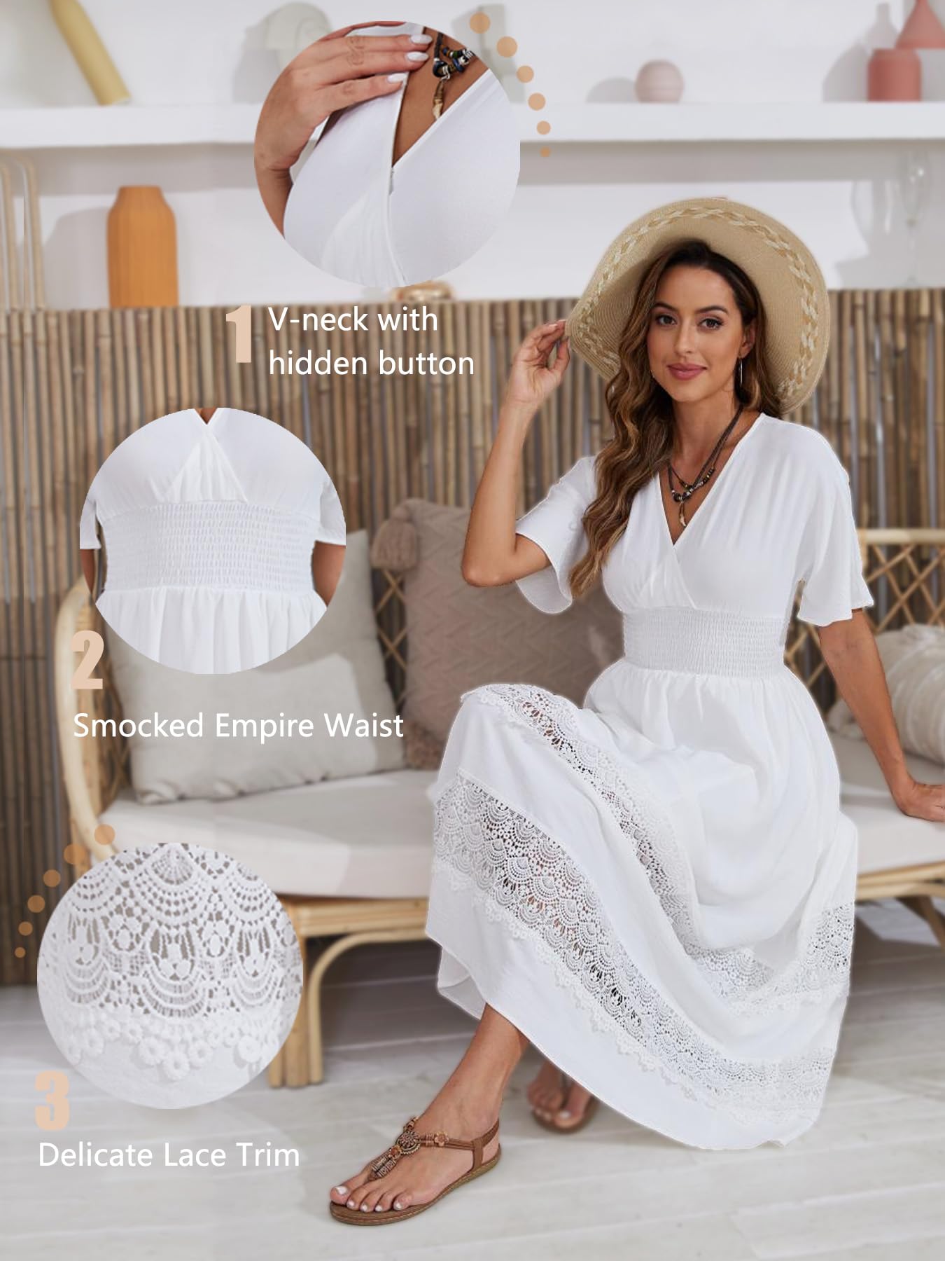 Boho Maxi Dress for Women 2024 - Summer V Neck Lace Wedding Guest Dress with Smocked Waist | Bohemian Long Flowy Dresses for Beach, Party & Special Occasions