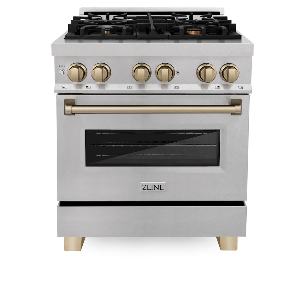 ZLINE Autograph Edition 30-inch 4.0 cu. ft. Dual Fuel Range with 4-Burner Gas Cooktop & Electric Convection Oven - Satin Stainless Steel with Champagne Bronze Accents (RASZ SN 30 CB) | Perfect for Gourmet Cooking & Modern Kitchens