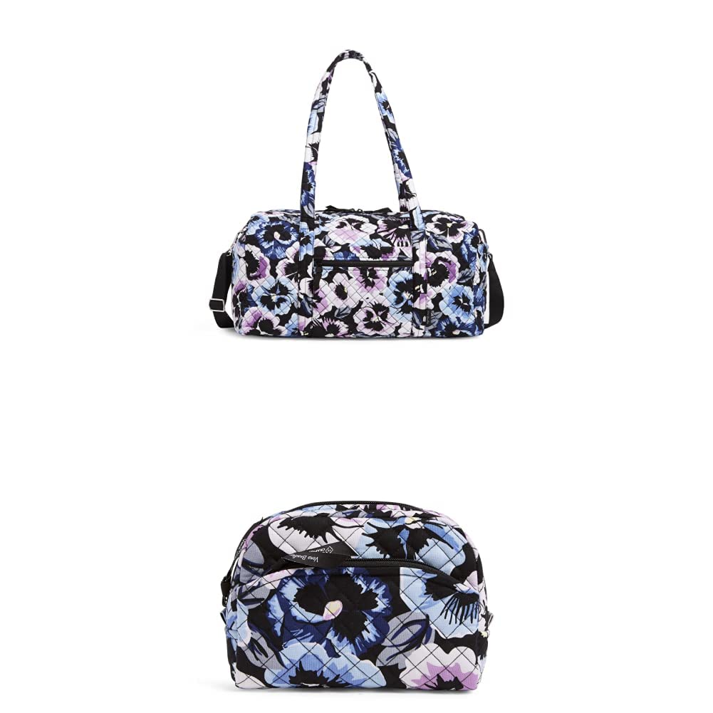 Eco-Friendly Recycled Cotton Medium Travel Duffel Bag & Cosmetic Organizer Set - Plum Pansies Floral Print for Women, Gym, Weekend Getaways & Air Travel