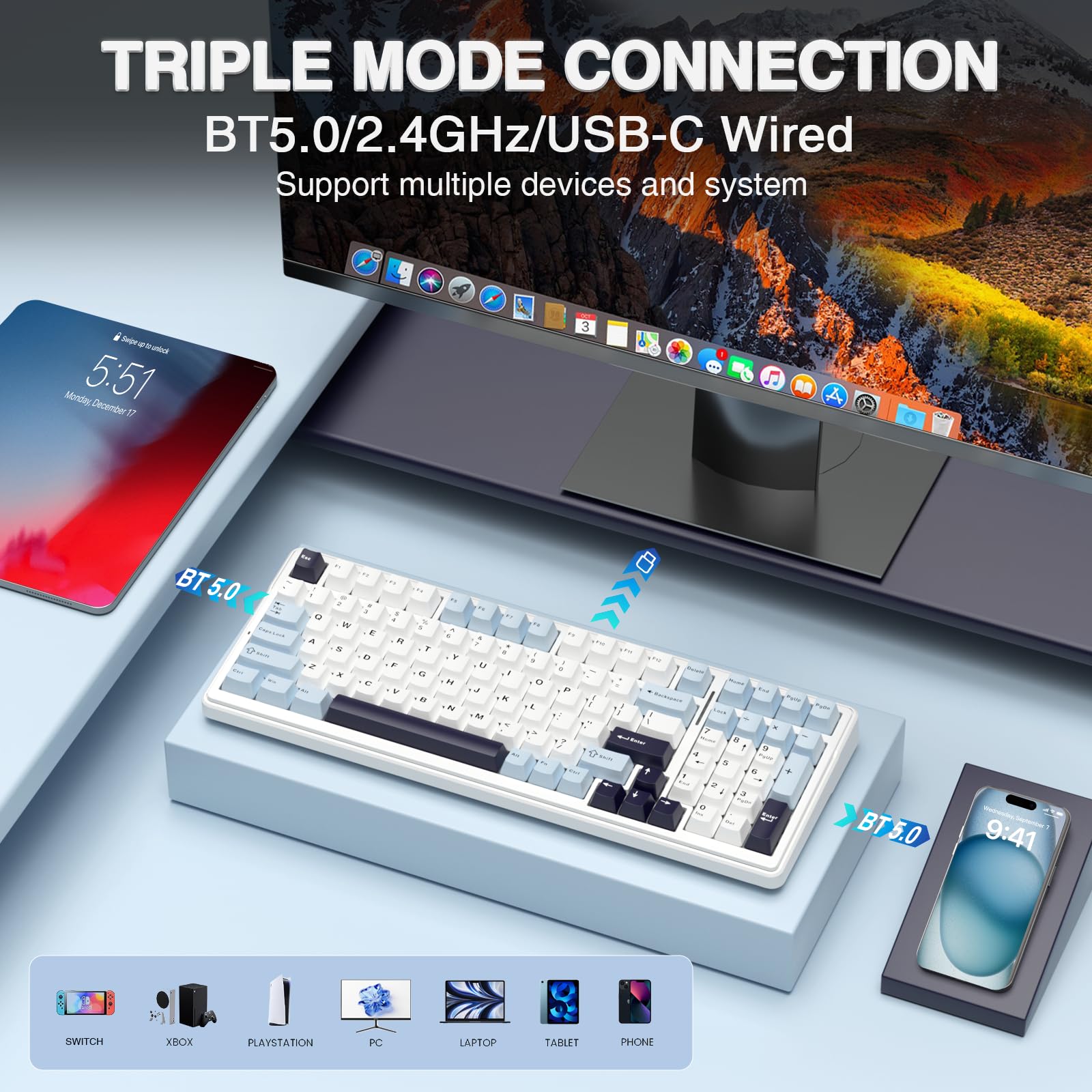 AULA F99 Wireless Mechanical Gaming Keyboard - Hot Swappable Custom Keyboard with Pre-Lubed Linear Switches, Gasket Mount Structure, RGB Backlit for PC/Mac (Blue & White) - Perfect for Gaming, Typing & Office Work