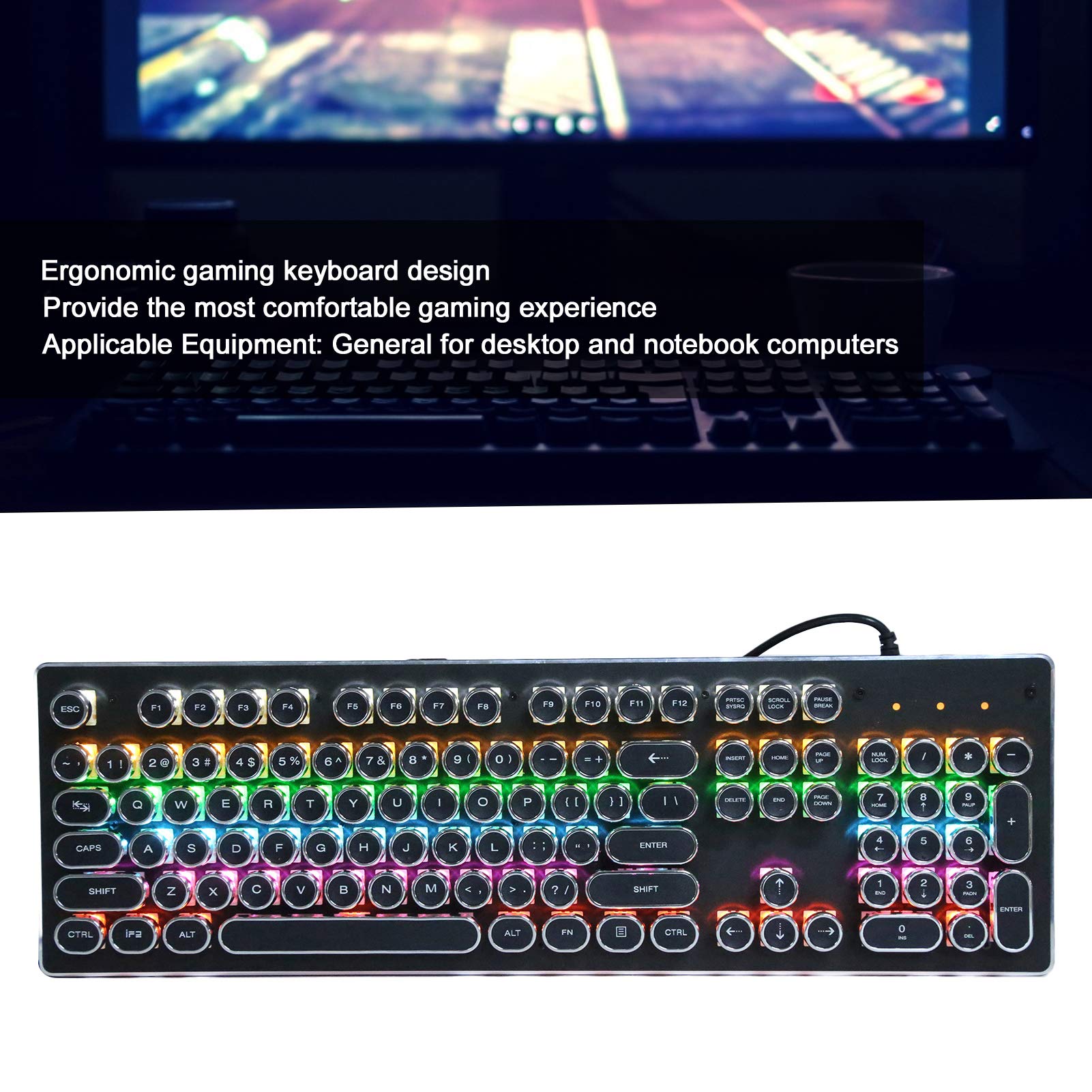 Retro Wired Mechanical Gaming Keyboard - 104 Keys with Mixed RGB Backlight, Ergonomic Design for PC Gamers | Perfect for FPS, MMO & Typing (Black)