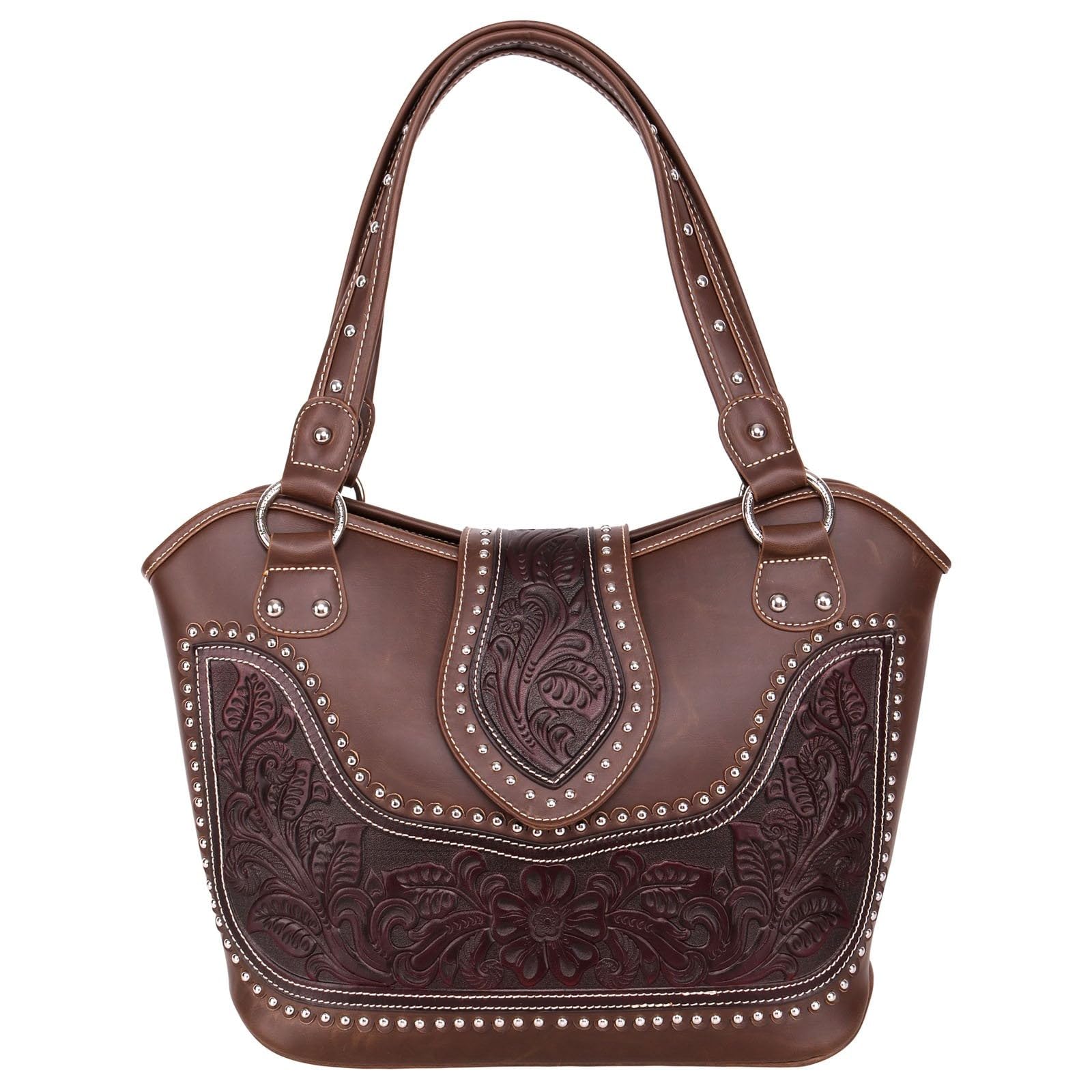 Montana West Women's Concealed Carry Handbag - Genuine Leather Gun Purse with Tooled Design, Dark Brown Medium Size | Perfect for Everyday Carry, Travel & Personal Protection