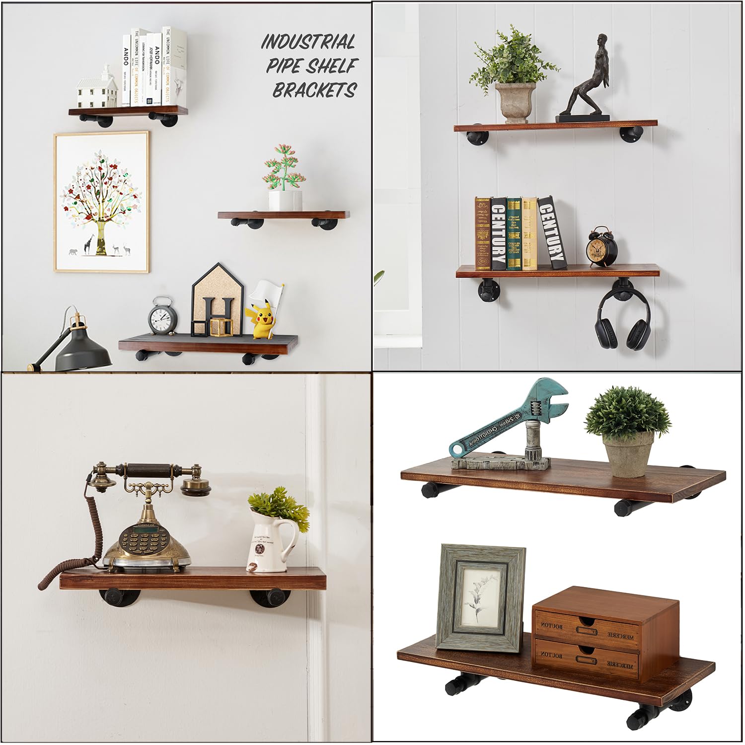 10 Inch Black Iron Pipe Shelf Brackets - Industrial Wall Mount DIY Shelving Kit (6 Pack) for Rustic Home Decor, Clothing Rack & Storage Organization | Hardware Included | Perfect for Living Room, Bedroom & Garage