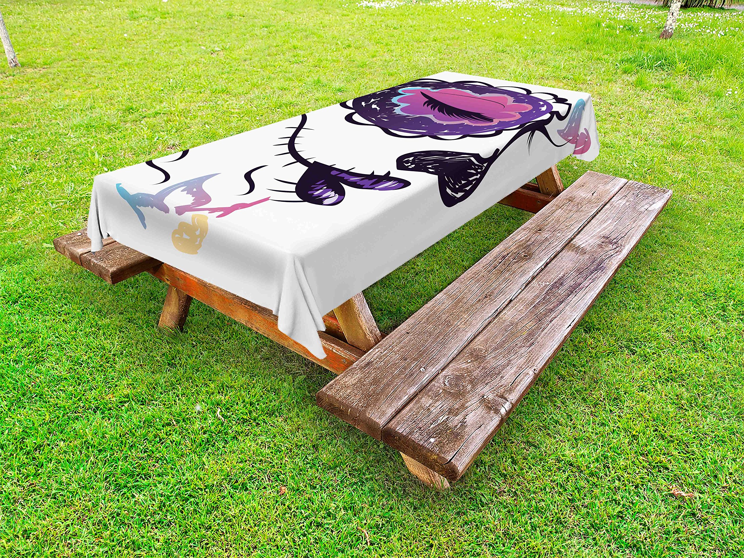 Ambesonne Day of The Dead Outdoor Tablecloth - Hand Drawn Sugar Skull Girl Face Mexican Art Design, Washable Picnic Table Cover 58x104 Inches, Pale Orange Plum Seafoam - Perfect for Halloween Parties, Día de Muertos Celebrations & Outdoor Dining Decorations