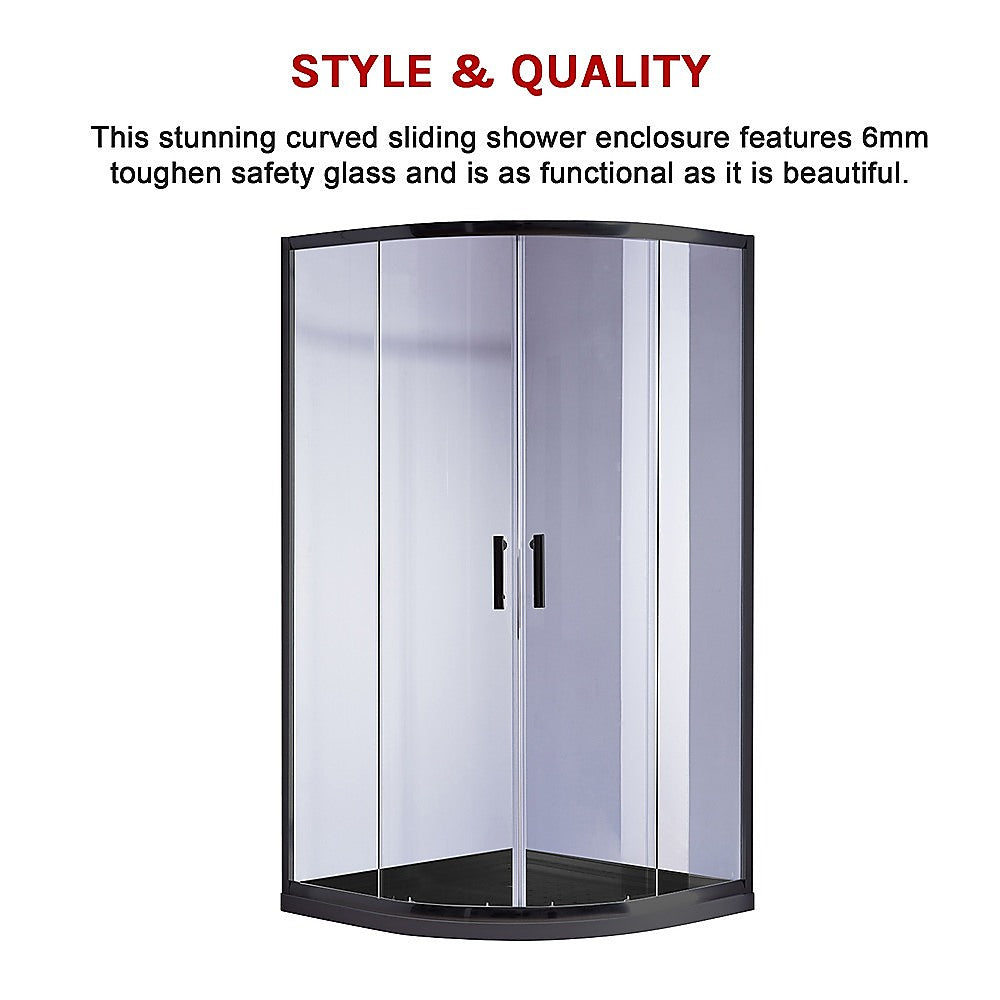 6mm Black Frameless Curved Shower Screen with Base - 100x100cm Rounded Sliding Glass Door for Bathroom & Wet Room Installation