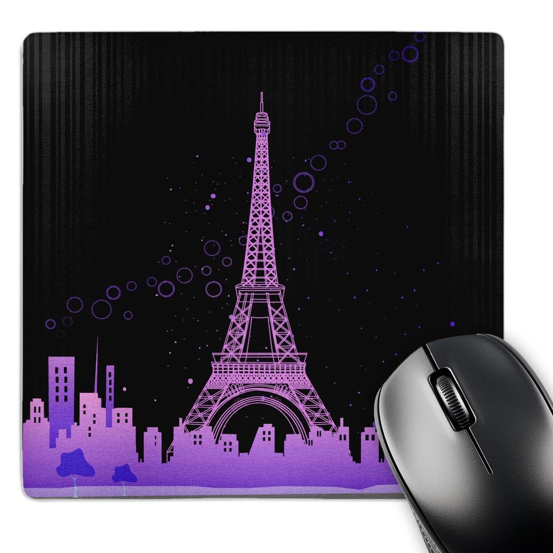 3D Rose 8x8 Inch Mouse Pad - Pink Eiffel Tower with City Skyline & Bubbles Design | Non-Slip Rubber Base | Perfect for Office, Gaming & Home Computer Use