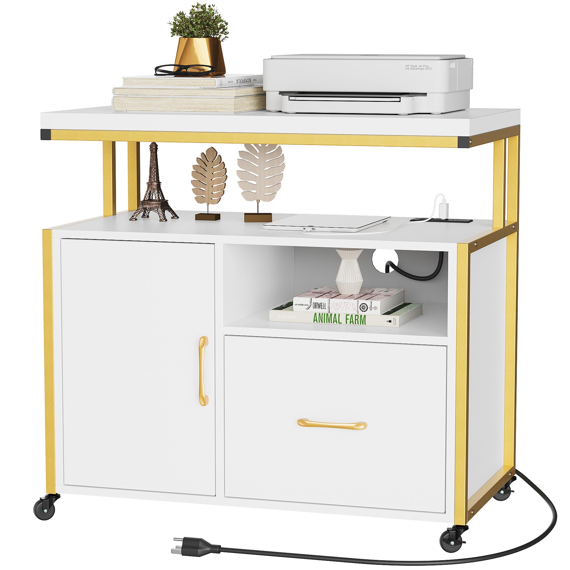 YITAHOME Wood File Cabinet with USB Charging Station, Rolling Filing Cabinet Cart with Door & Printer Shelf - Industrial Style Nightstand for Home Office, Bedroom, Living Room | Compact Storage Solution for Documents, Electronics & Home Decor (Gold & White)