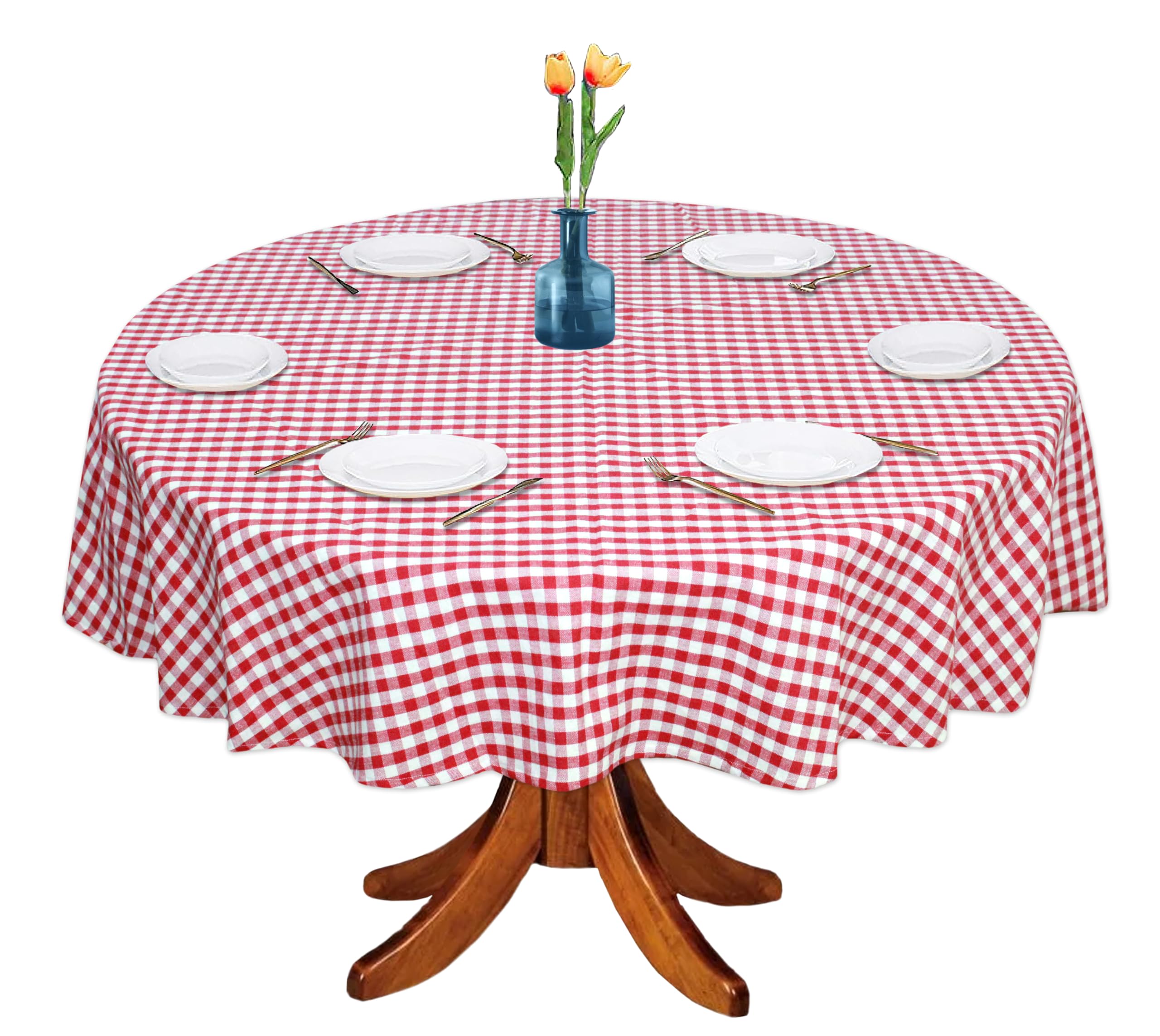 Oasis Home Collection 60 Inch Round Cotton Tablecloth - Red Gingham Check Pattern for 6 Seater Dining Table | Washable & Durable Kitchen Decor | Perfect for Family Dinners, Parties & Outdoor Picnics