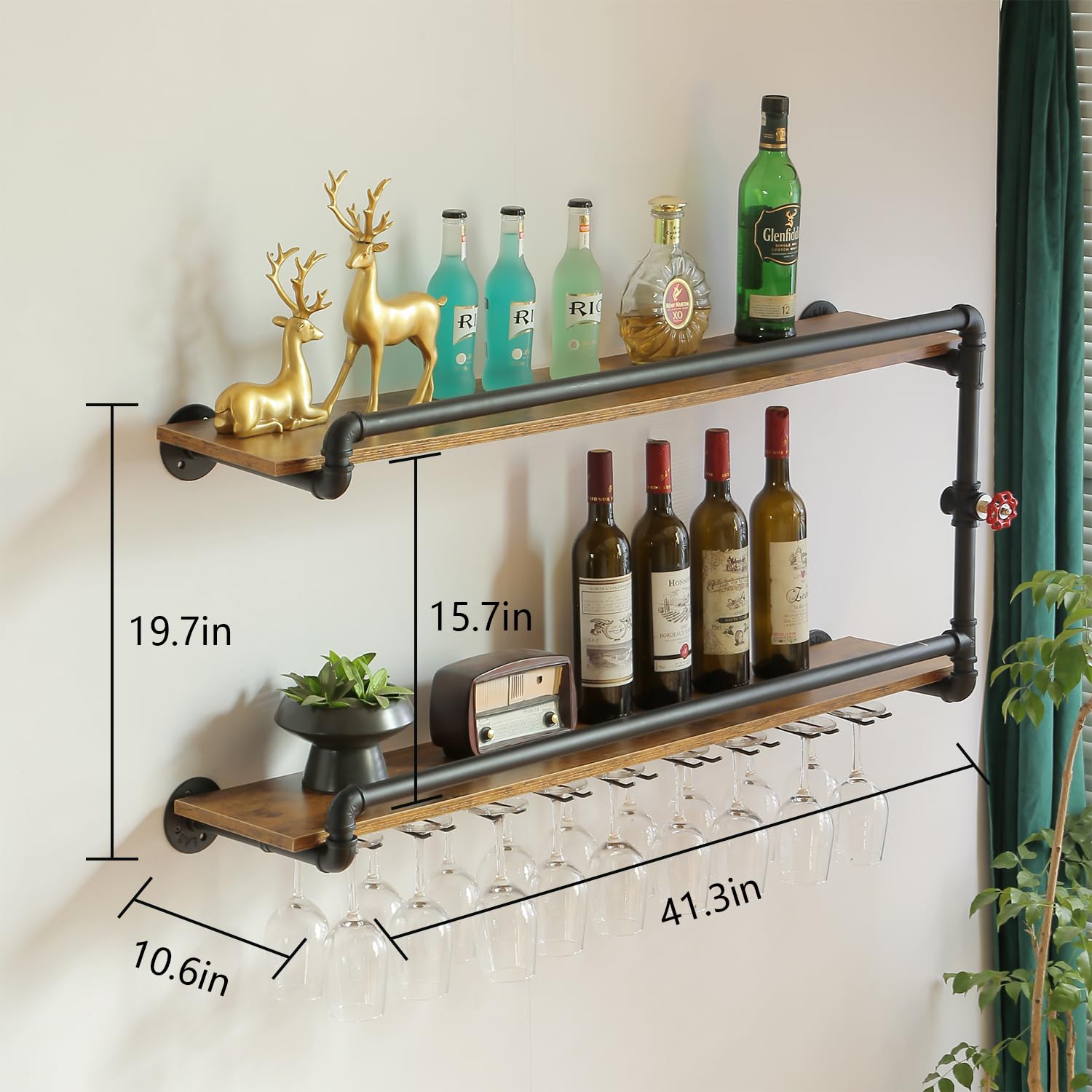 41 Inch Wall Mounted Wine Rack - 2 Tier Floating Bar Shelf with Glass Holder - Industrial Rustic Pipe Design for Farmhouse Kitchen Decor (Black) - Perfect for Wine Storage, Bar Organization & Kitchen Wall Decor