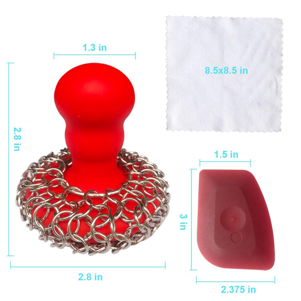 **316 Stainless Steel Chainmail Scrubber with Silicone Handle – Cast Iron Cleaner for Grill Pans, Skillets, Woks & Bakeware – Ergonomic, Dishwasher Safe – Scrubber, Scraper & Towel Set (Red) – Perfect for Outdoor Grilling, Camping & Kitchen Cleaning**
