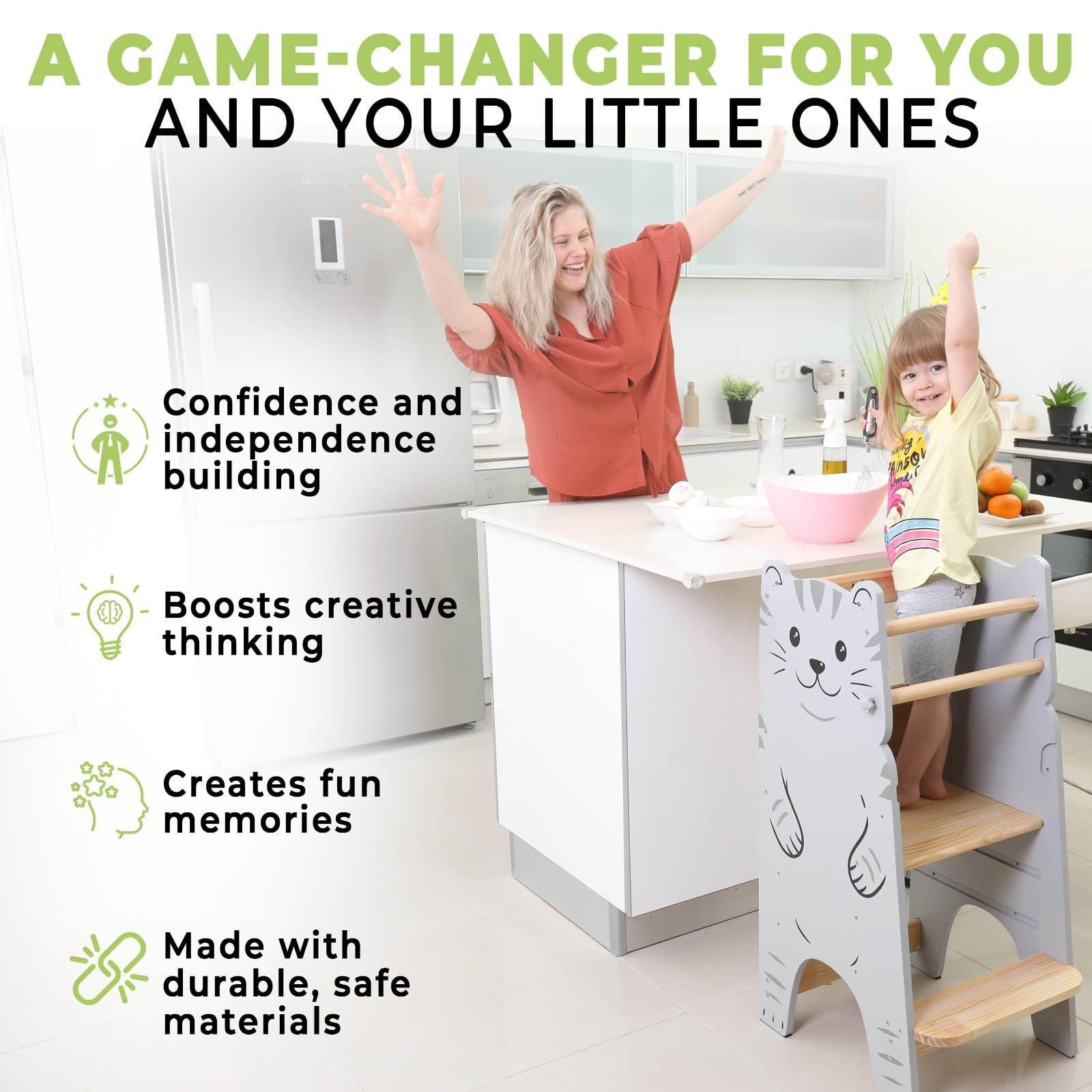 Montessori Adjustable Toddler Tower Stool - Safe Kitchen Step Stool Helper for Kids Ages 1-6 | Learning Tower for Baking, Cooking & Counter Access | Non-Slip Toddler Standing Stool for Home & Preschool