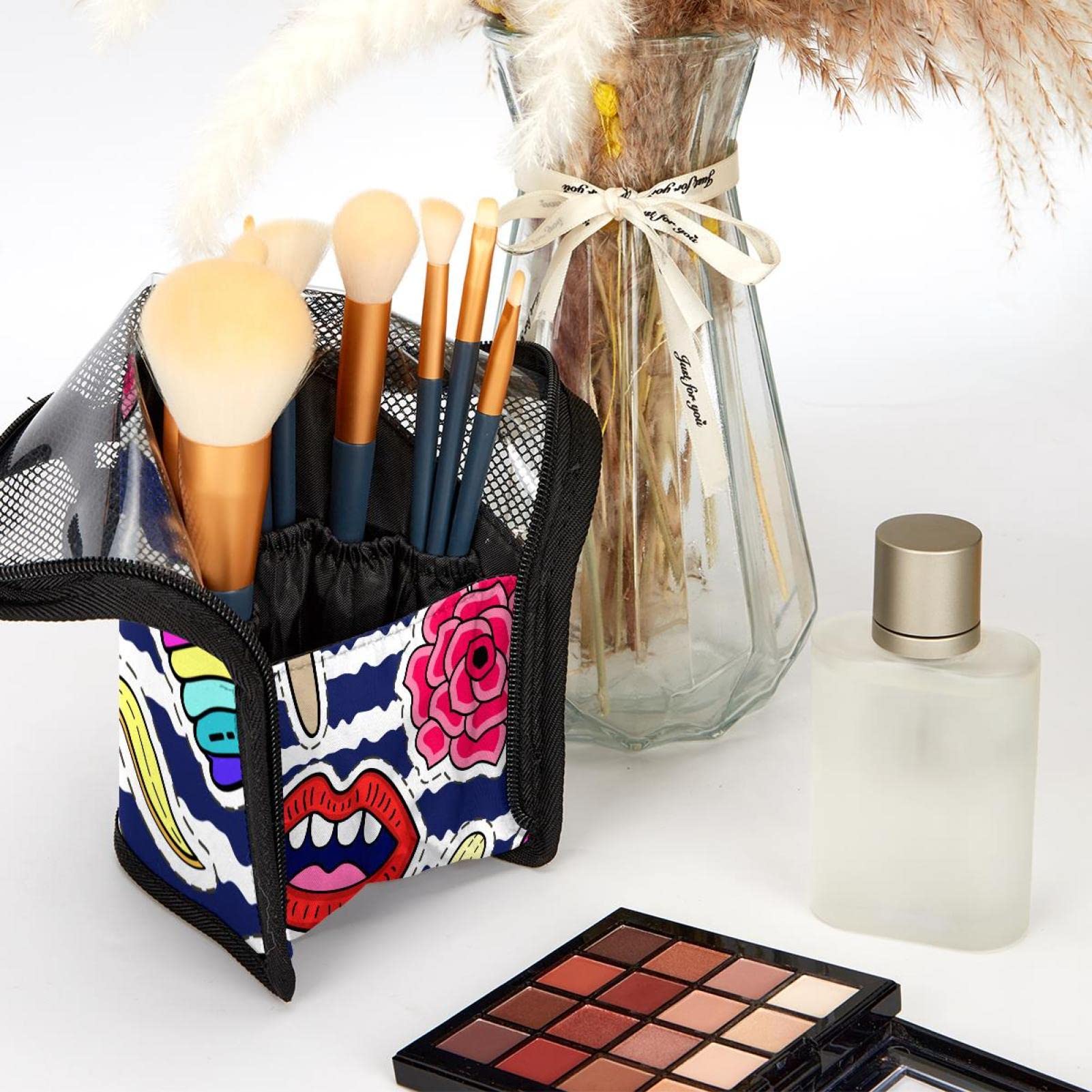 12-Piece Makeup Brush Organizer Bag with Banana Kiss Flower Doodles - Portable Cosmetic Brush Holder Case for Travel, Home & Professional Use