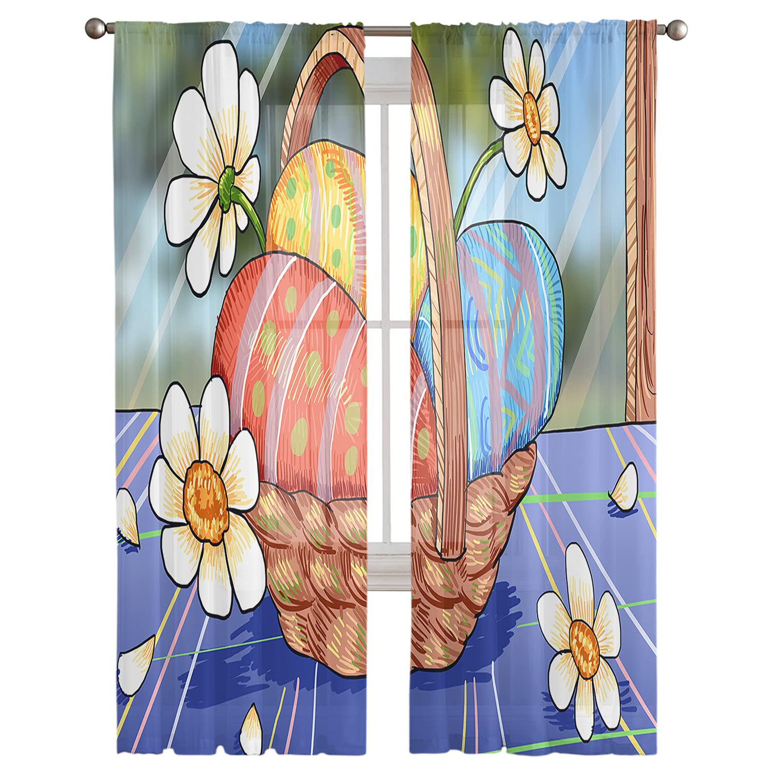 Easter Egg Cartoon Sheer Curtains 84 Inches Long - 2 Panels Set with Rod Pocket, Voile Window Drapes for Bedroom, Living Room & Kitchen - Washable Floral Basket Design Sheer Curtains for Spring Decor & Easter Home Decorating