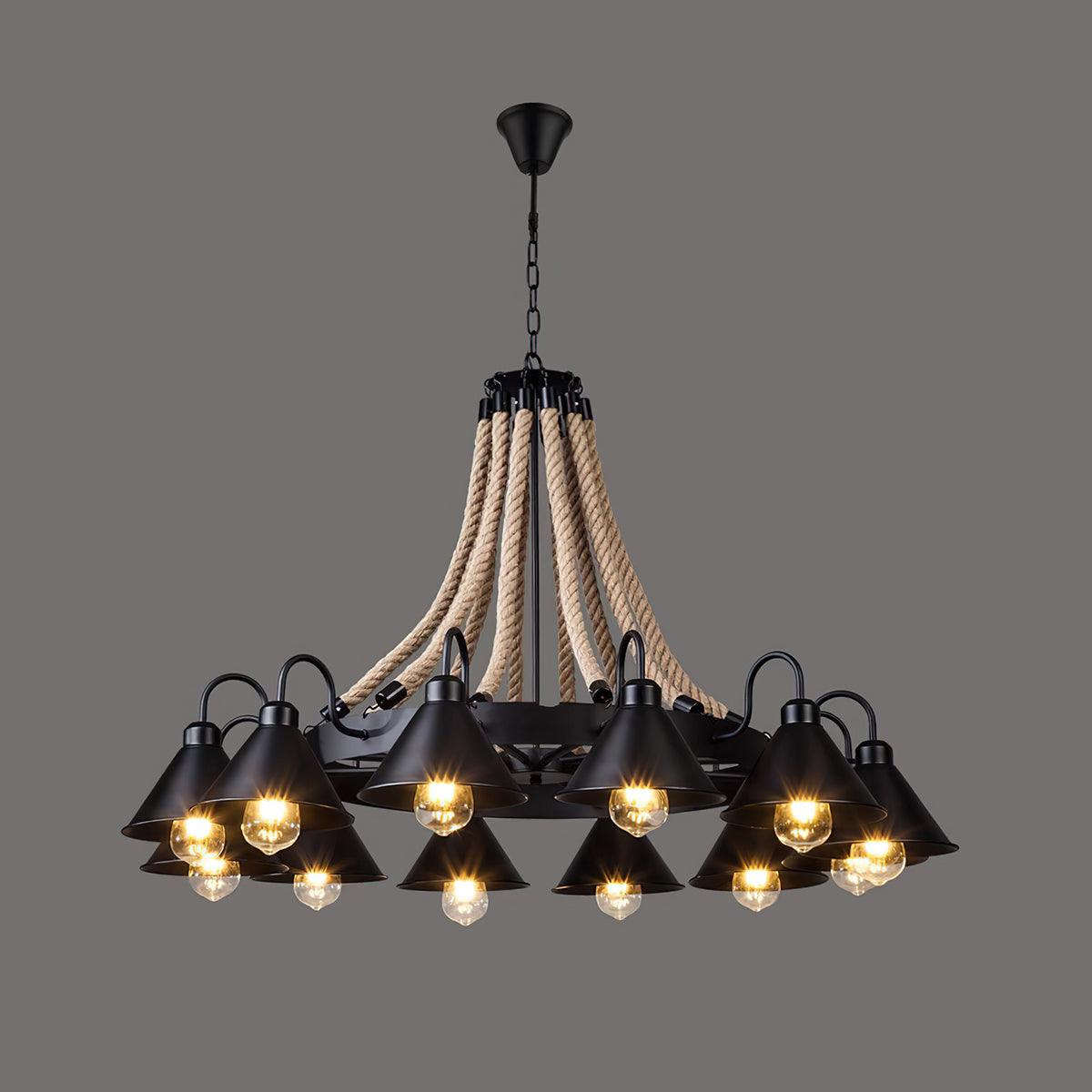 Industrial Hemp Rope Chandelier with Horn Accents - Rustic Farmhouse Lighting for Dining Room, Bedroom or Cabin Decor