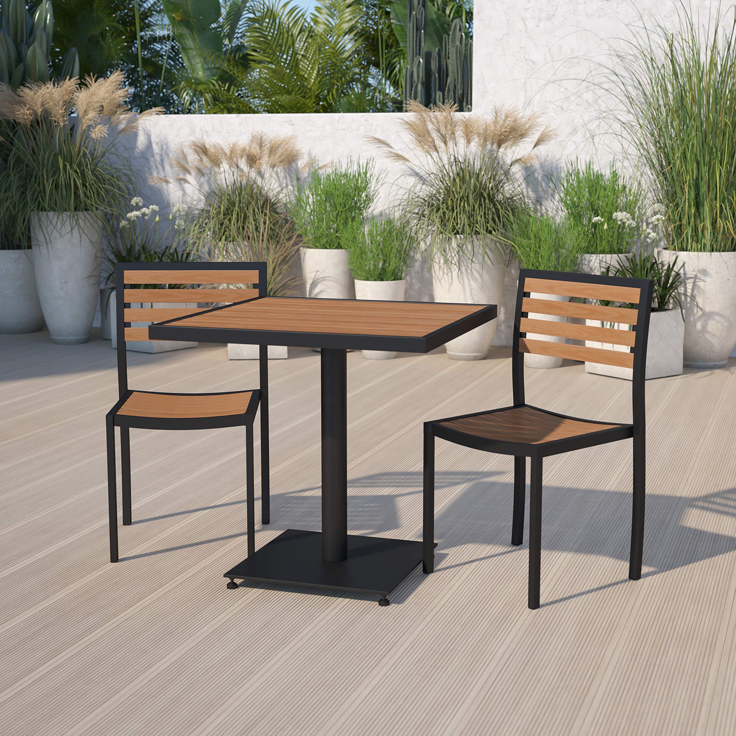 Flash Furniture Outdoor Patio Bistro Dining Table Set with 2 Chairs & Faux Teak Poly Slats - Perfect for Backyard, Garden, and Balcony Dining