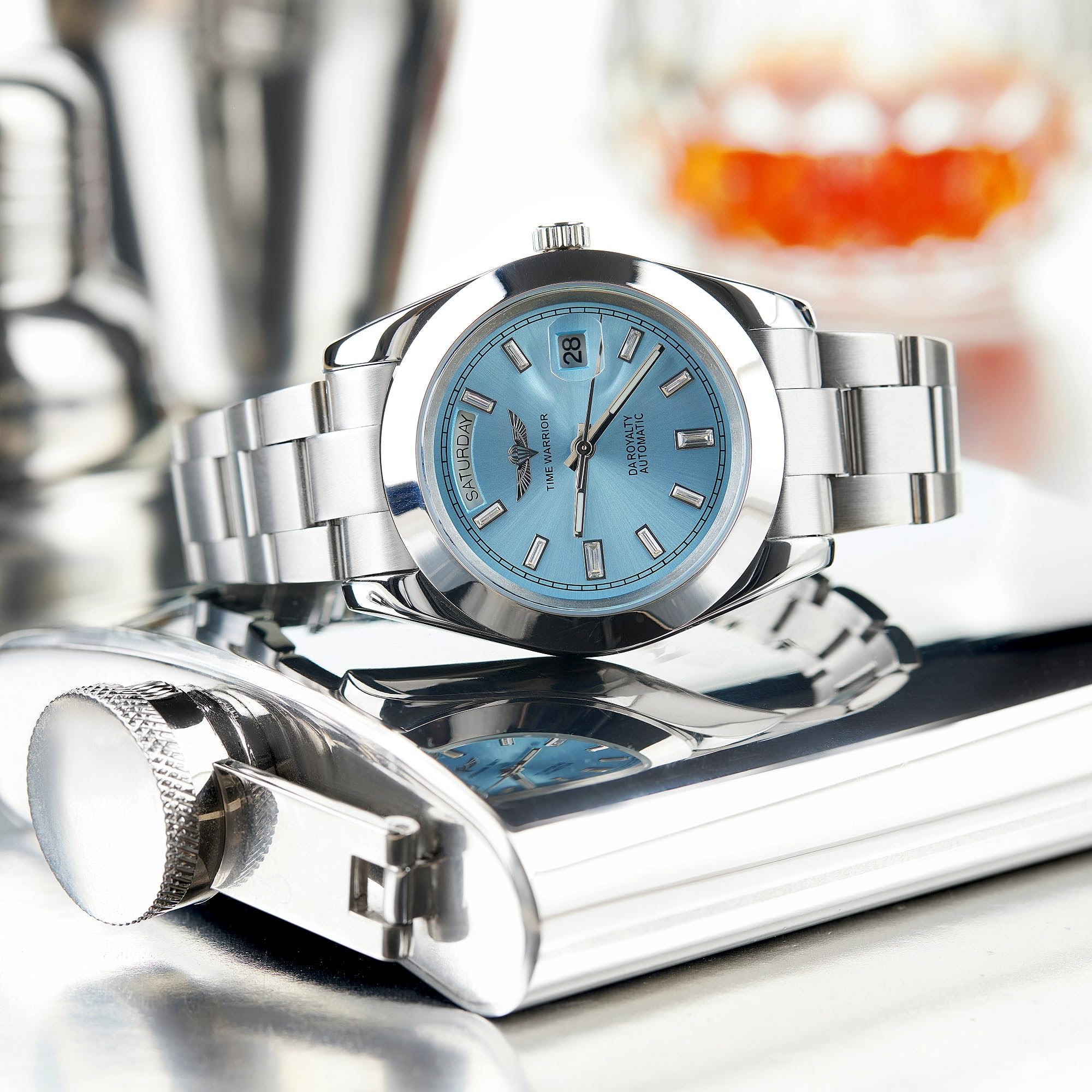 Men's Automatic Day Date Watch - Stainless Steel 316L Case, Sapphire Crystal, 30M Water Resistant, Luminous Blue Dial - Perfect for Business, Formal Events & Everyday Wear