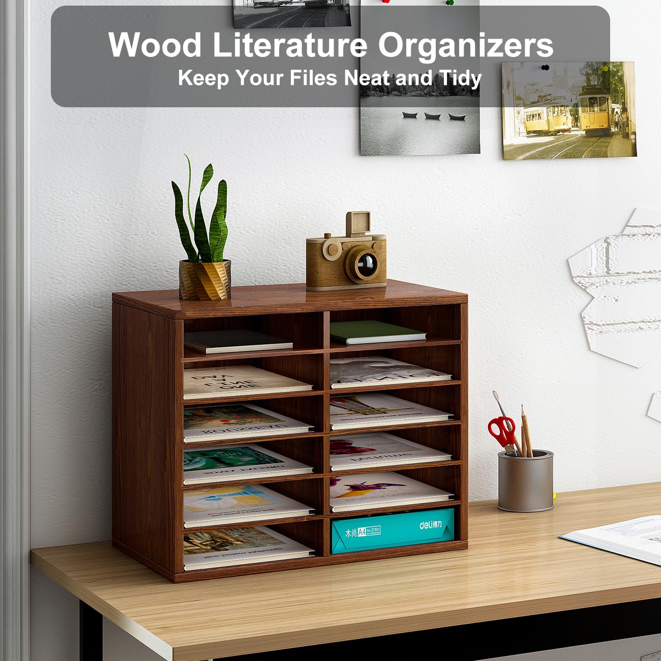 Wooden Mail Sorter Organizer with 12 Compartments - Desktop Bill & Letter Holder for Office, Classroom, Home & School - PAG Countertop Literature Organizer - Perfect for Bills, Letters, Documents & Homework Organization (Brown)