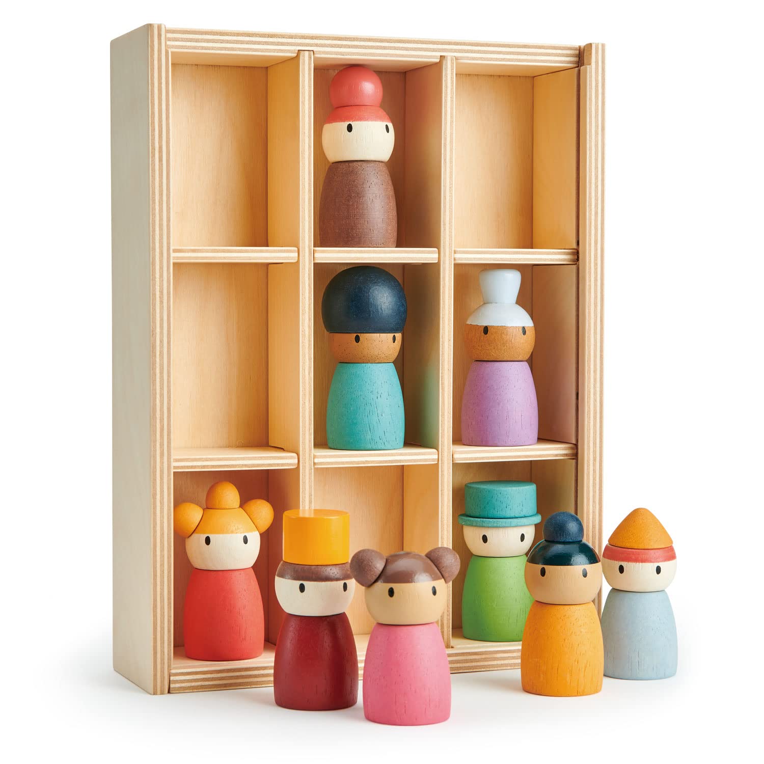 Tender Leaf Toys Happy Folk Hotel - 9 Pcs Wooden Diversity Peg Dolls Set - Montessori Open-Ended Educational Toys for Kids Age 3+ - Pretend Play, Storytelling & Social Skills Development