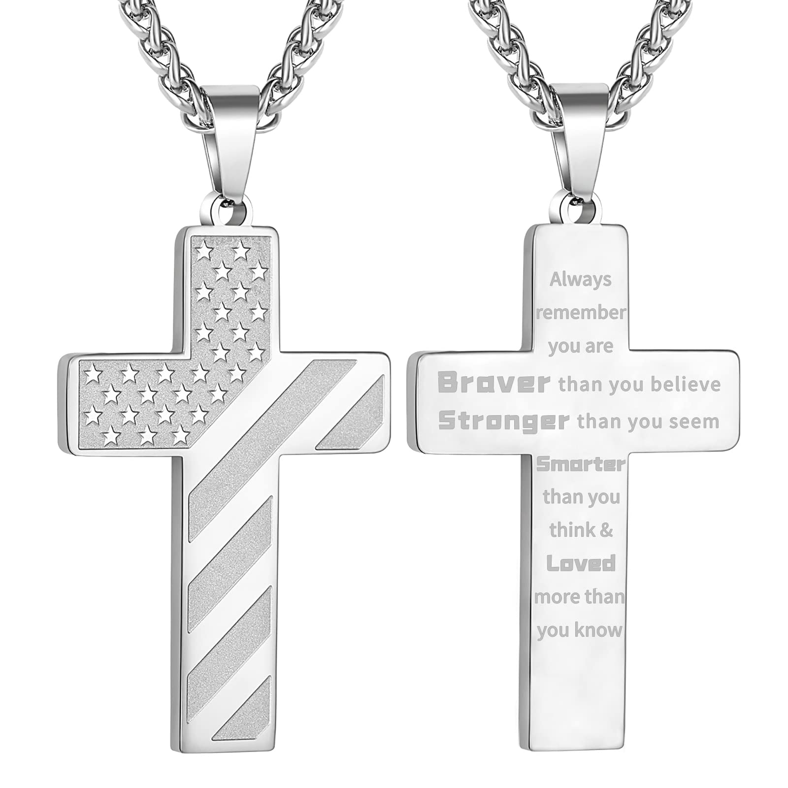 18+2 Inch Stainless Steel Cross Necklace with Bible Verse & American Flag Pendant - Religious Jewelry Gift for Men, Boys, Teens - Perfect for Easter, Graduation, Daily Wear & Special Occasions