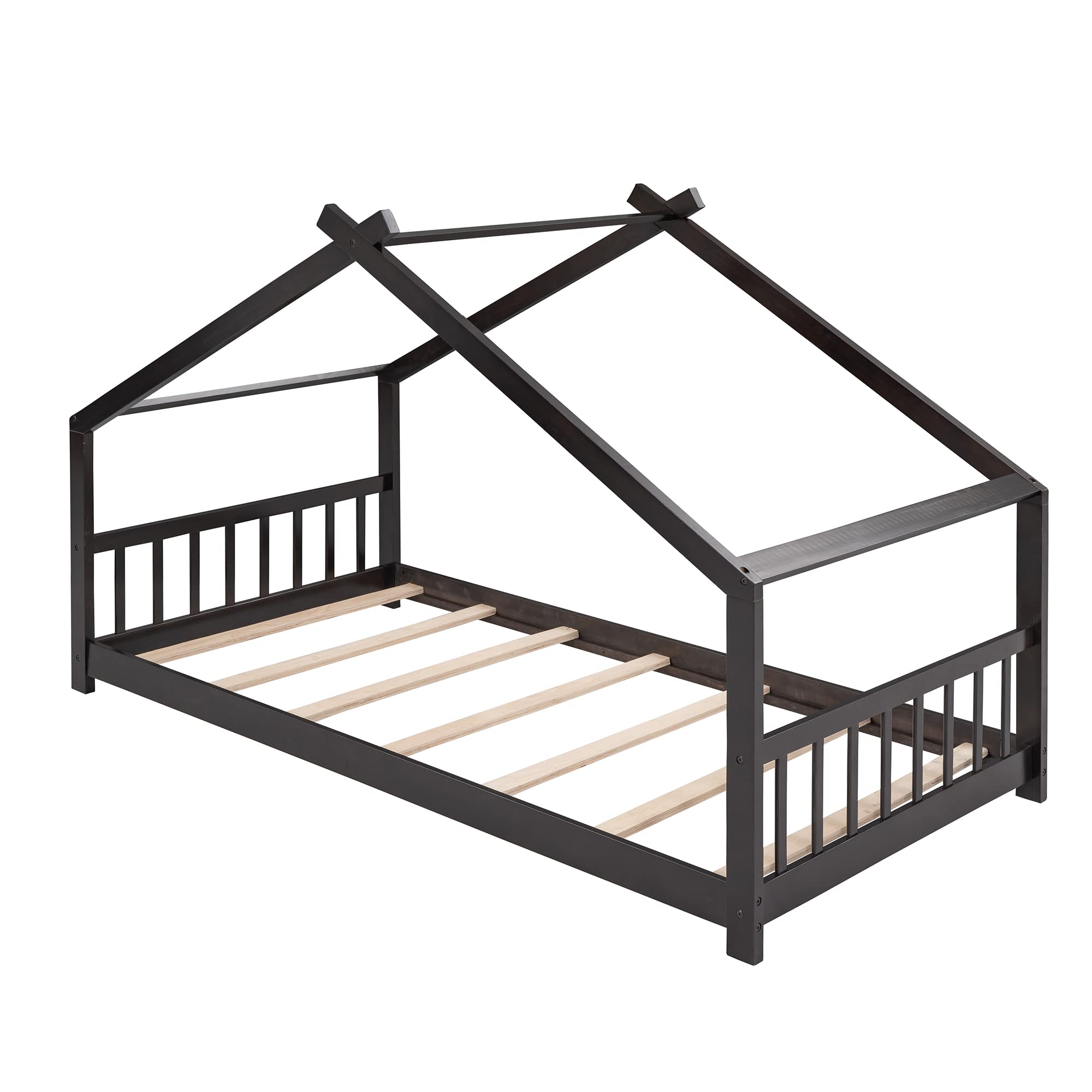 P PURLOVE Twin Size Wooden House Bed Frame for Kids & Teens - Sturdy Platform Bed with Headboard, Footboard & Slatted Base - No Box Spring Needed - Espresso Finish - Perfect for Bedrooms, Playrooms & Montessori Floor Beds