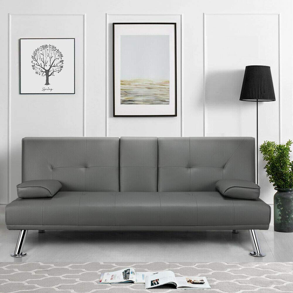 Modern Convertible Sofa Bed Sleeper - Faux Leather Futon Couch with 2 Cup Holders & Gray Armrest - Space Saving Living Room Furniture for Small Apartments, Guest Rooms and Home Offices