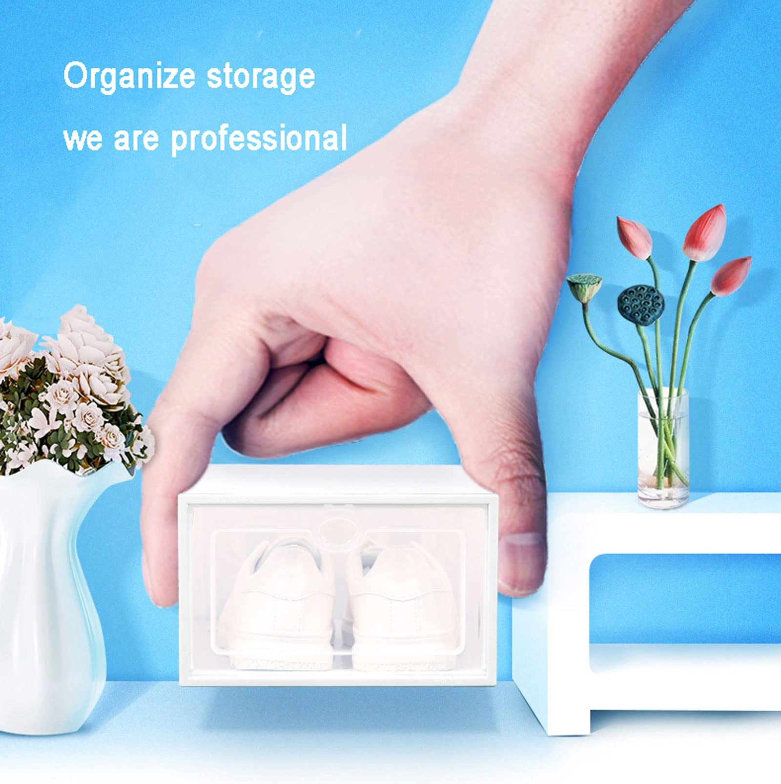 12 Pack Clear Plastic Stackable Shoe Storage Boxes with Transparent Door - Foldable Space Saving Shoe Organizer Bins for Closet, Under Bed & Dorm (White, 29x20.5x12 Inches/11.4x8.1x4.7 Inches) - Perfect for Sneakers, Boots & Heels Storage