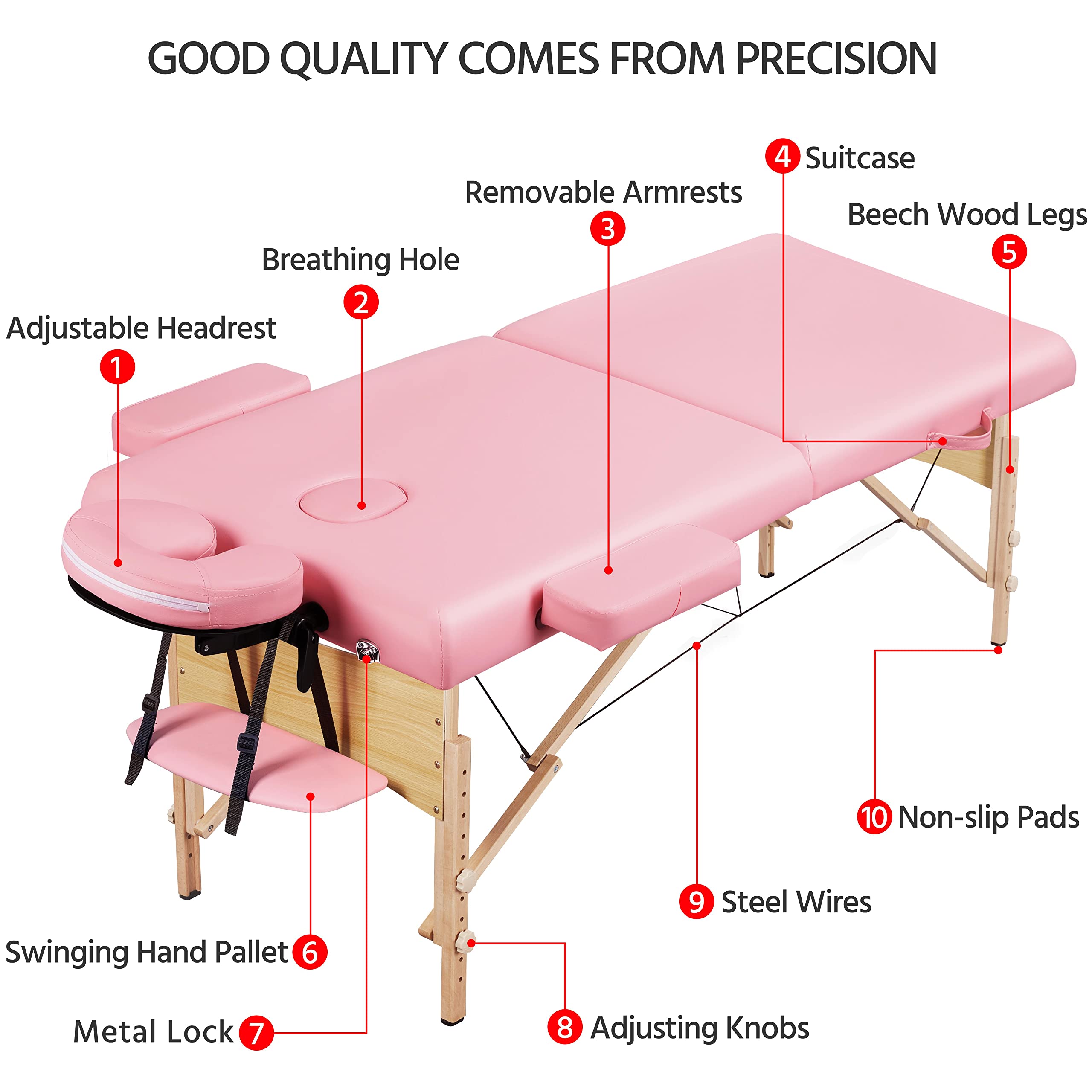 Yaheetech Portable Foldable Massage Table - 28 Inch Adjustable 2-Fold Spa Bed with Non-Woven Bag, Pink | Perfect for Professional Massage, Lash Extensions & Home Spa Treatments