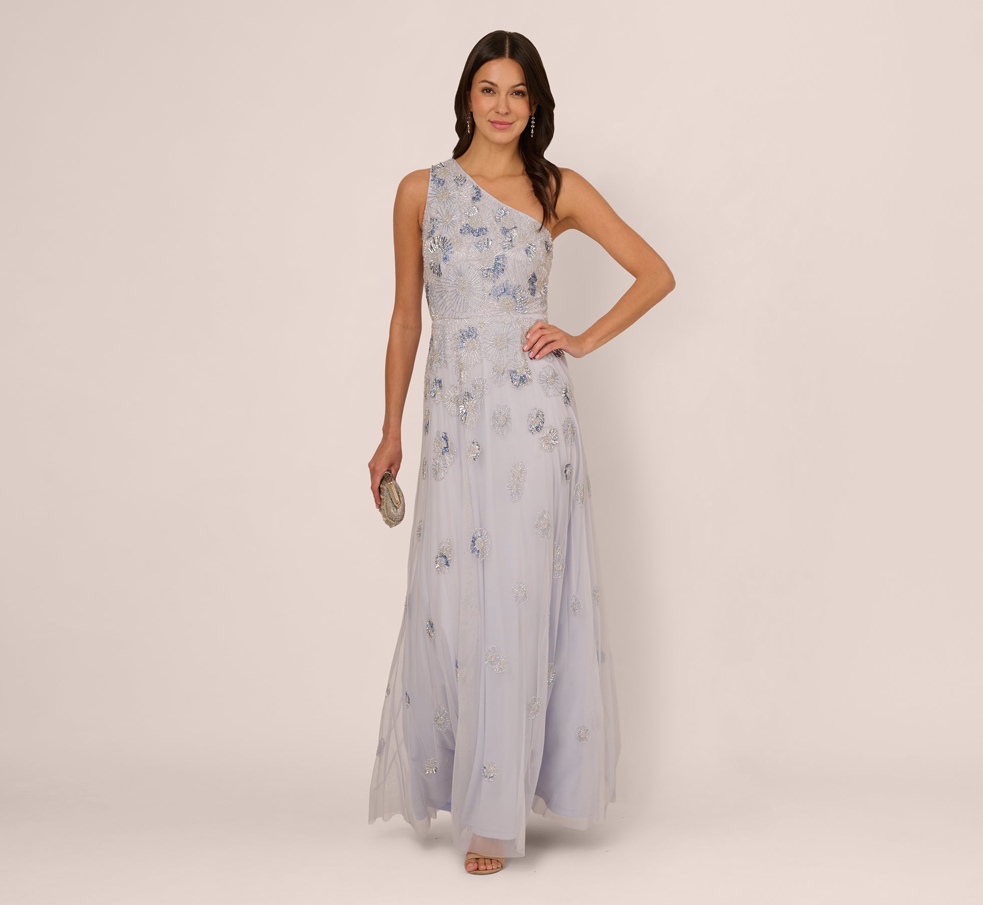 Elegant One Shoulder Beaded Mesh Evening Gown in Serenity Blue - Perfect for Prom, Wedding Guest & Formal Events
